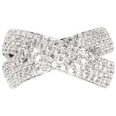 18 Karat White Gold Pave Diamond Cross Over Design Band Ring