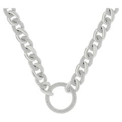18 Karat White Gold Pave Diamond Cuban Link Necklace w/ Open Circle Centerpiece