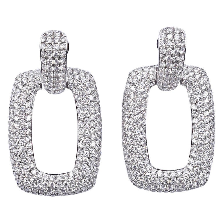 18 Karat White Gold Pave Diamond Door Knocker Earrings at 1stDibs