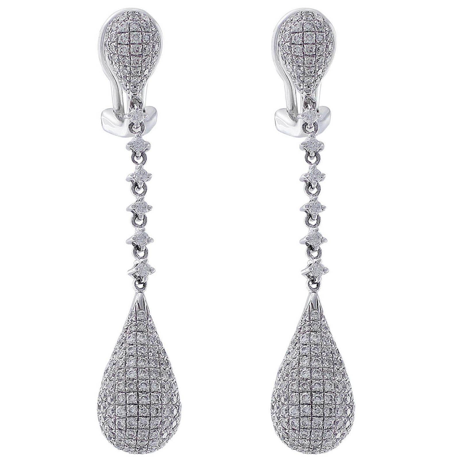18 Karat White Gold Pave Diamond Drop Earrings For Sale