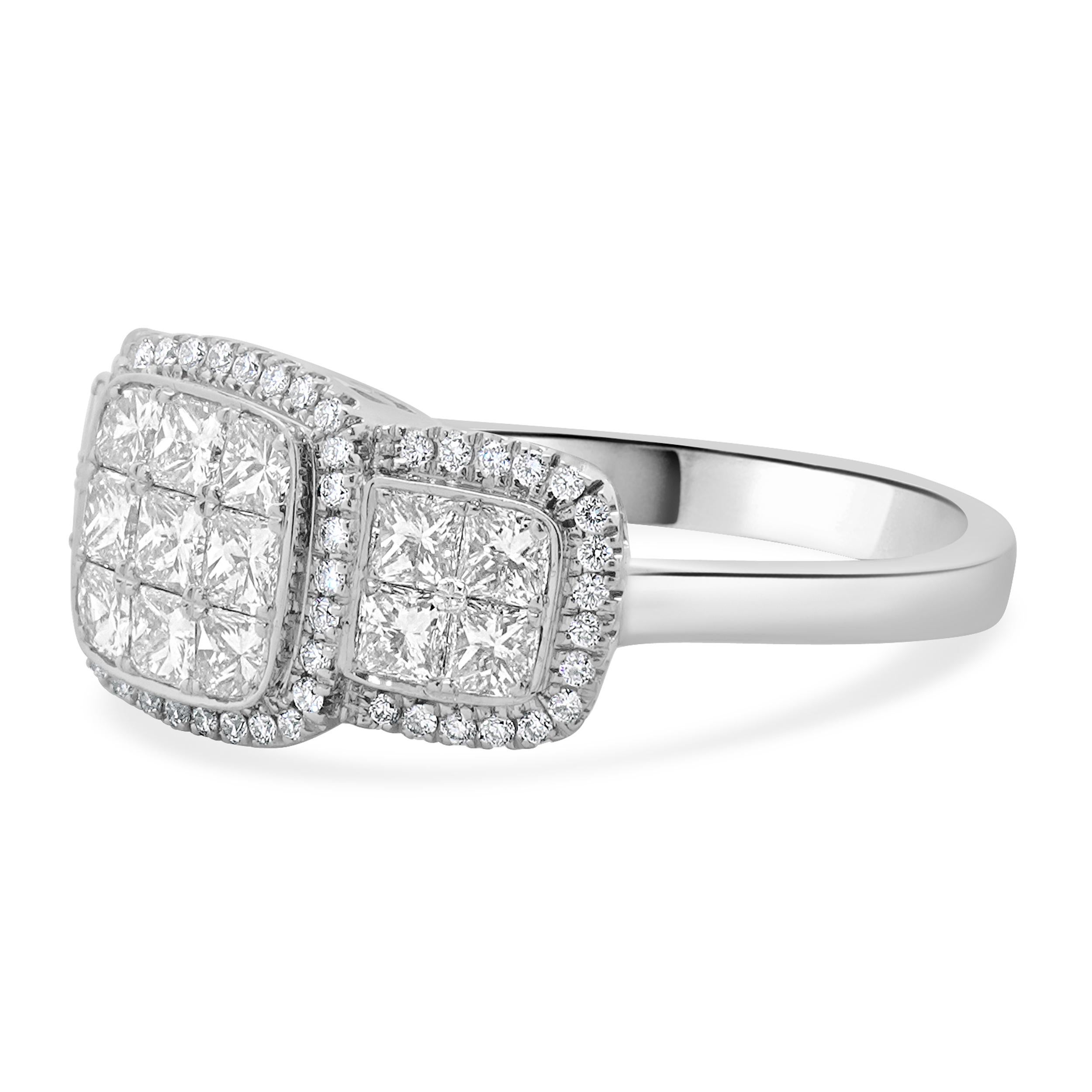 Designer: custom
Material: 18K white gold
Diamond:  17 princess cut =1.38cttw
Color: H 
Clarity: SI1
Diamond:  30 round brilliant cut = 0.21cttw
Color: H
Clarity: SI2
Dimensions: ring top measures 9.5mm wide
Ring Size: 7.75 (complimentary sizing