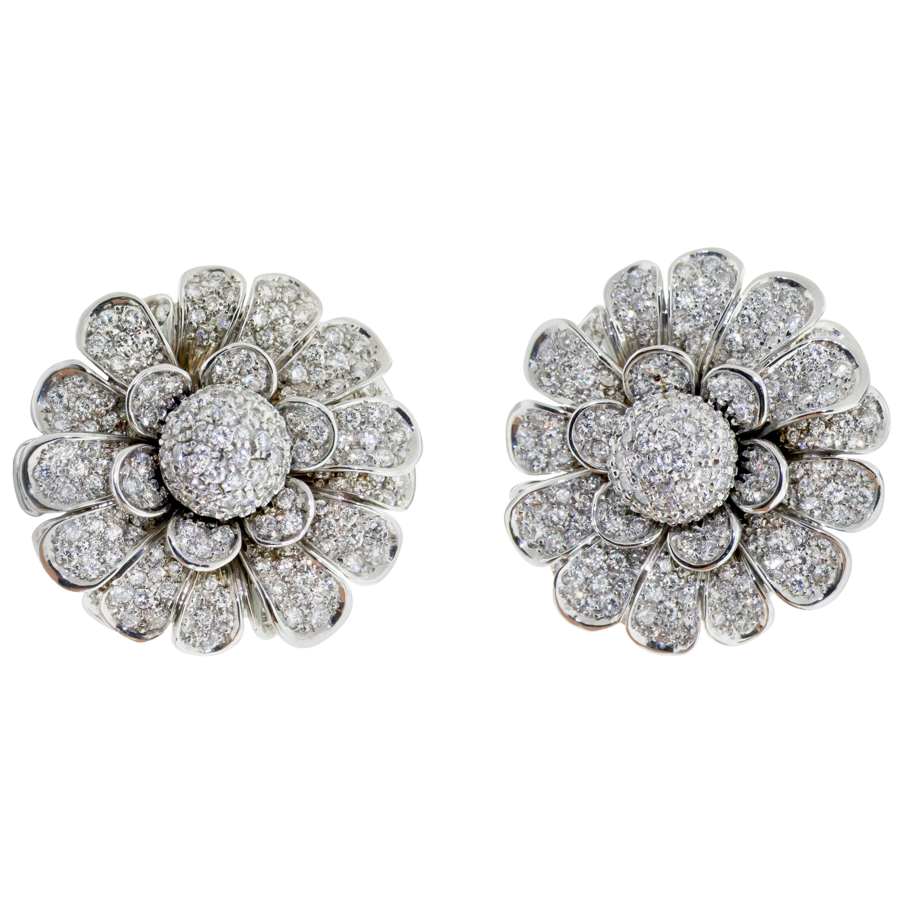 18 Karat White Gold Pave Diamond Flower Earring Clips