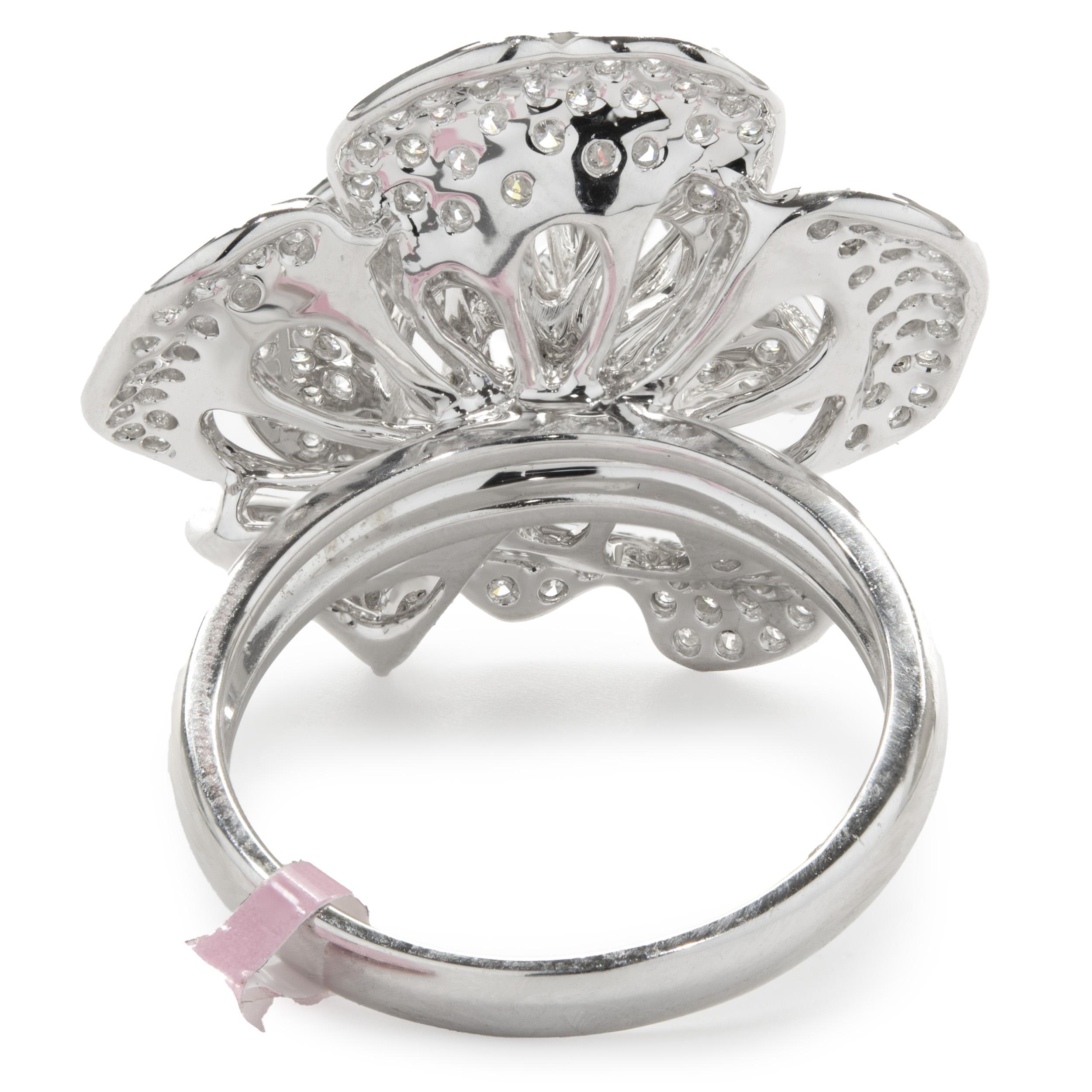 Round Cut 18 Karat White Gold Pave Diamond Flower Ring For Sale