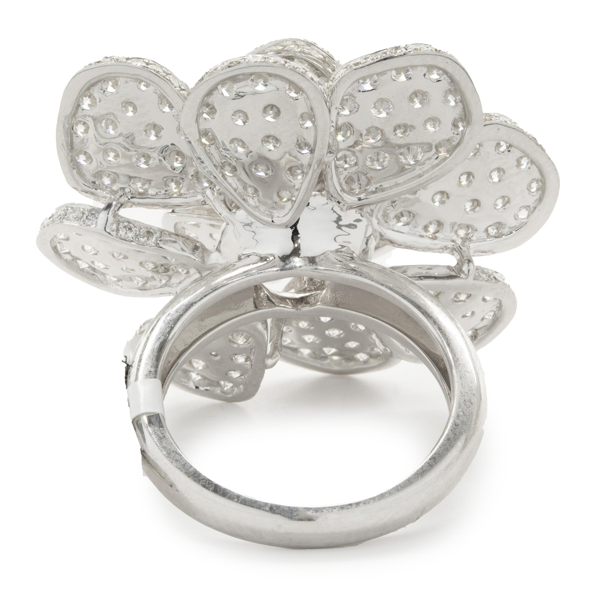 Round Cut 18 Karat White Gold Pave Diamond Flower Ring For Sale