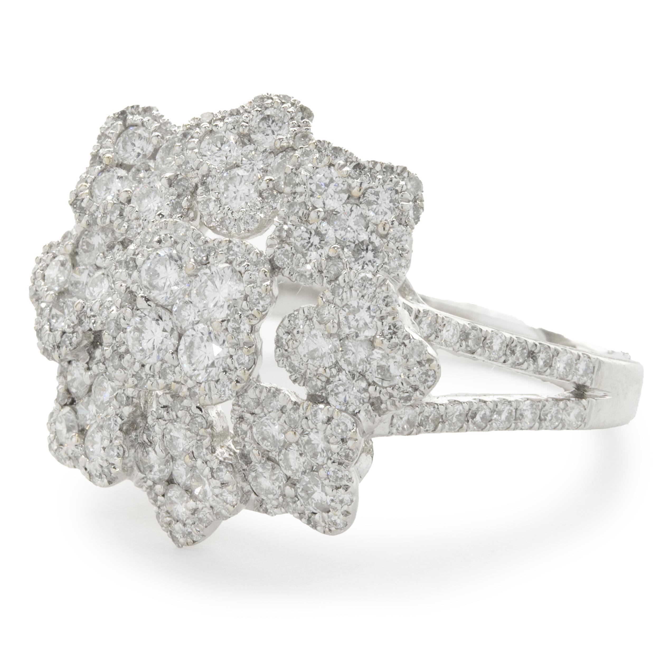 Round Cut 18 Karat White Gold Pave Diamond Flower Ring