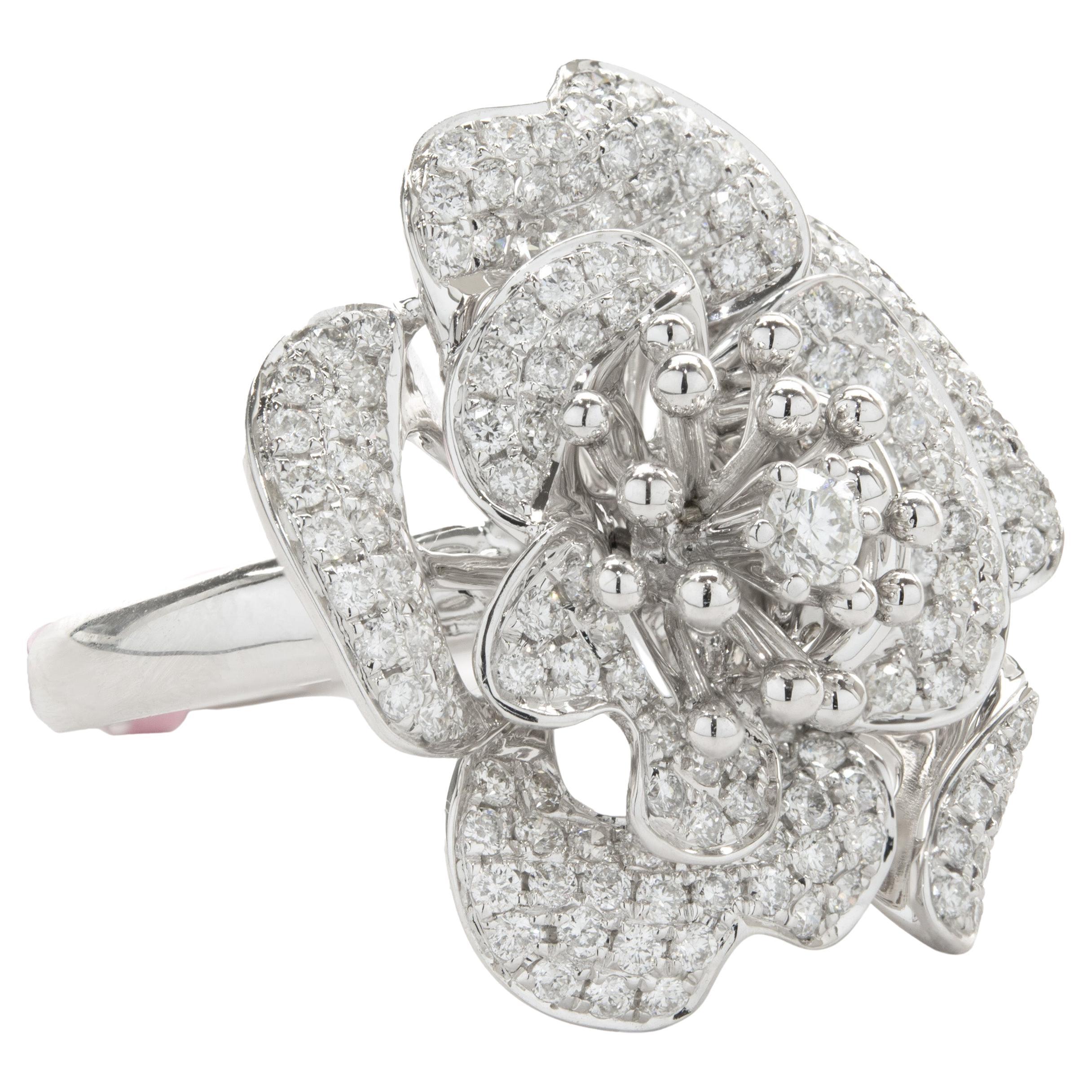 18 Karat White Gold Pave Diamond Flower Ring For Sale