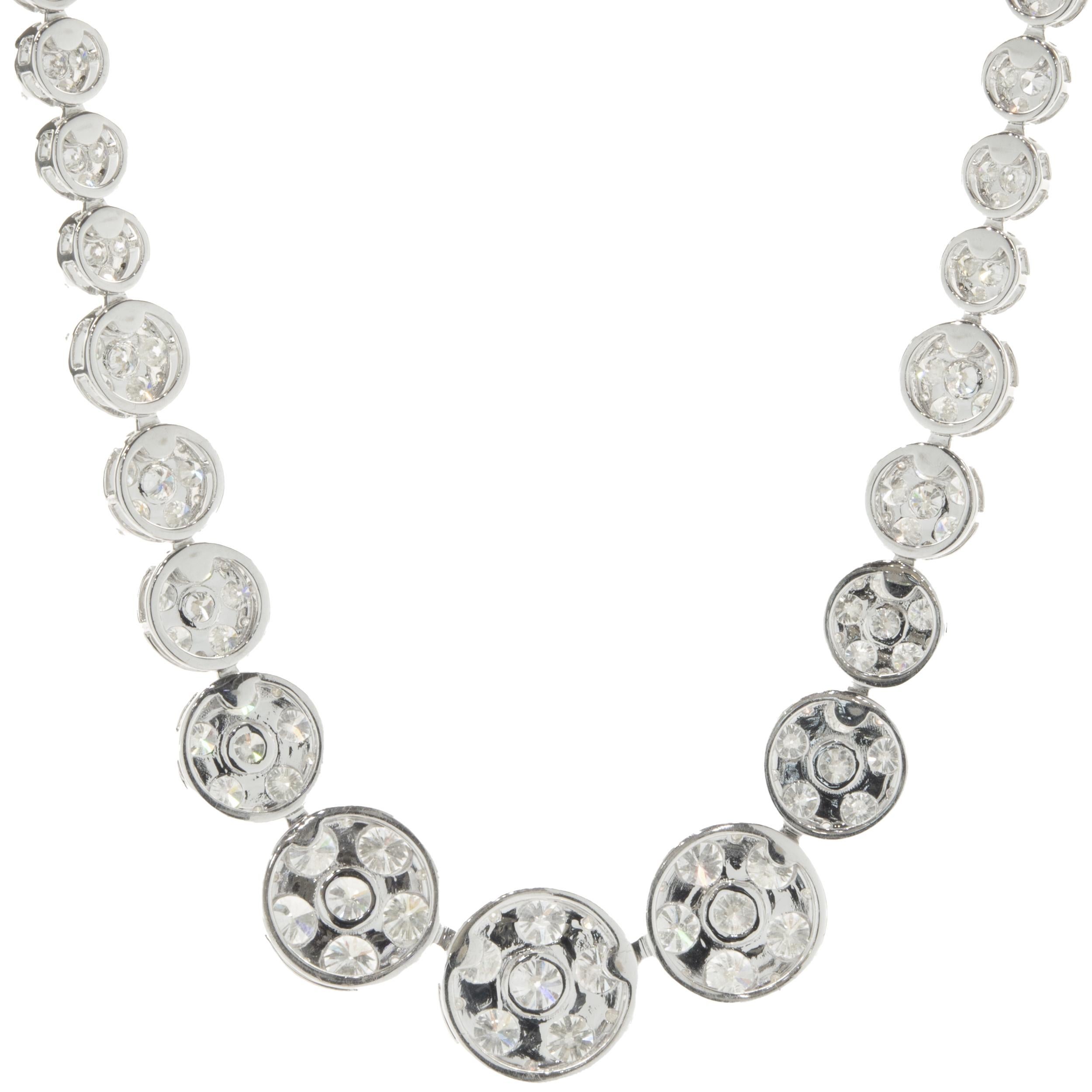 Designer: custom design
Material: 18K white gold
Diamond: 660 round brilliant cut = 26.01cttw
Color: G / H / I
Clarity: VS2-SI1
Dimensions: necklace measures 16.5-inches in length
Weight: 41.74 grams