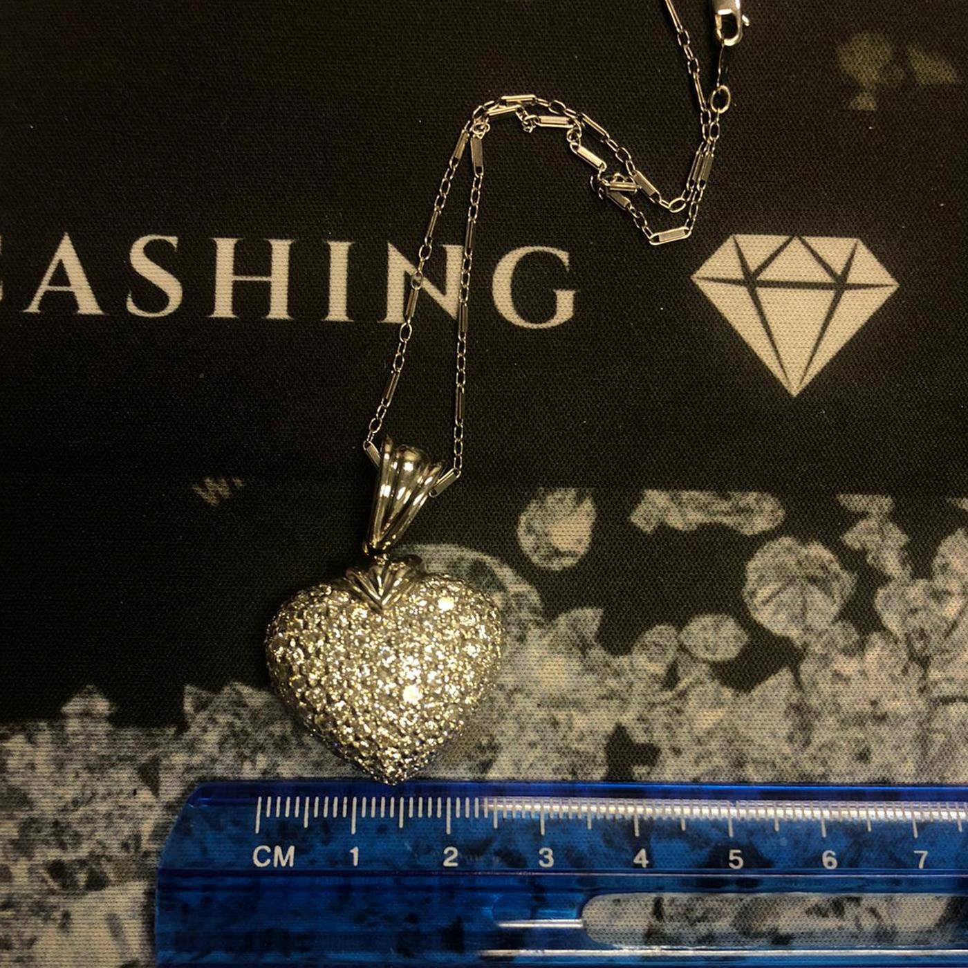 Women's  Heart Pendant Necklace 18 Karat White Gold Pave Diamond For Sale
