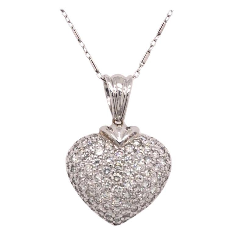  Heart Pendant Necklace 18 Karat White Gold Pave Diamond For Sale