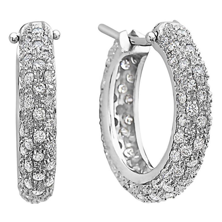 18 Karat White Gold Pave Diamond Hoops For Sale at 1stDibs