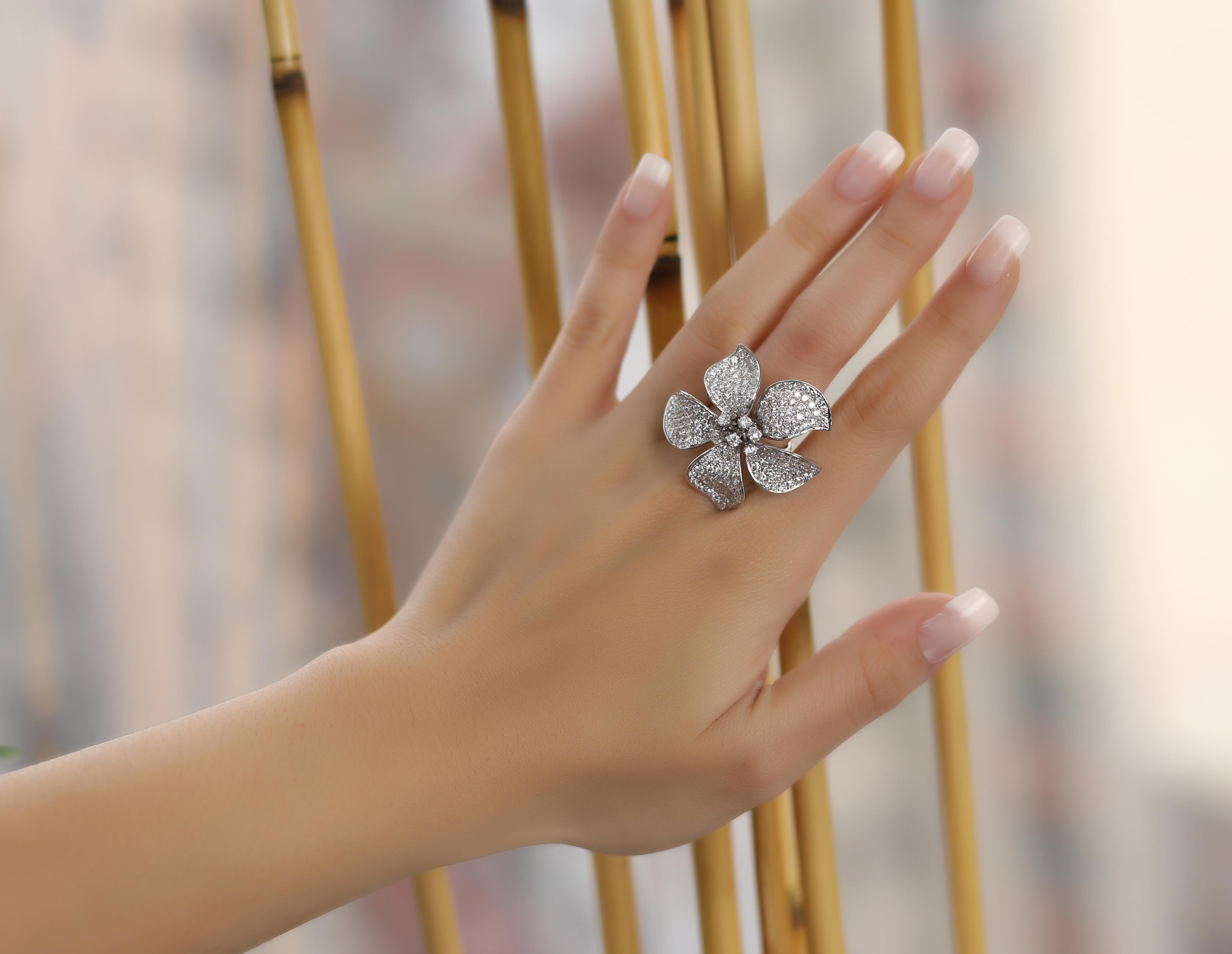 Women's or Men's 18 Karat White Gold Pave Diamond Large Flower Ring For Sale