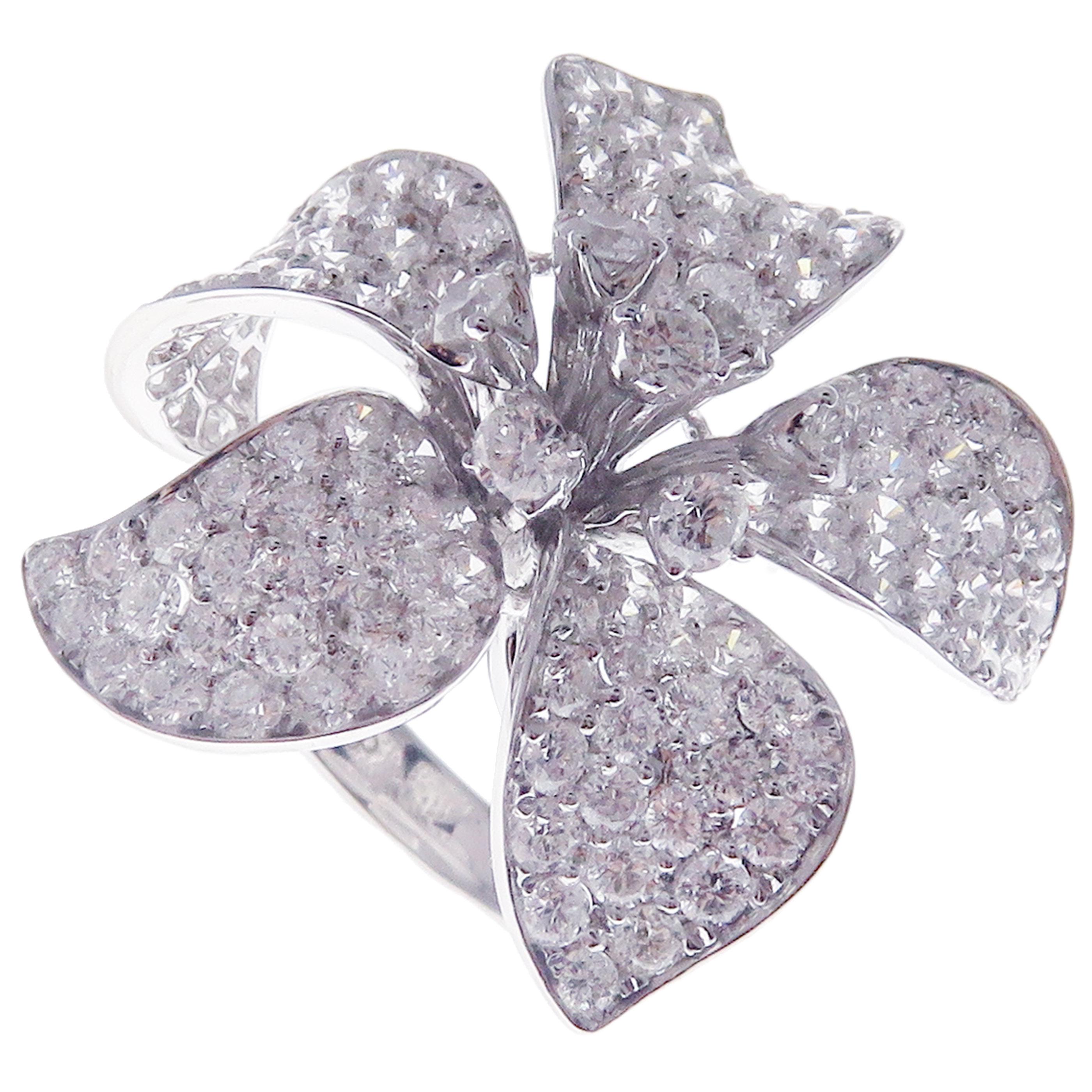 Round Cut 18 Karat White Gold Pave Diamond Medium Flower Ring For Sale