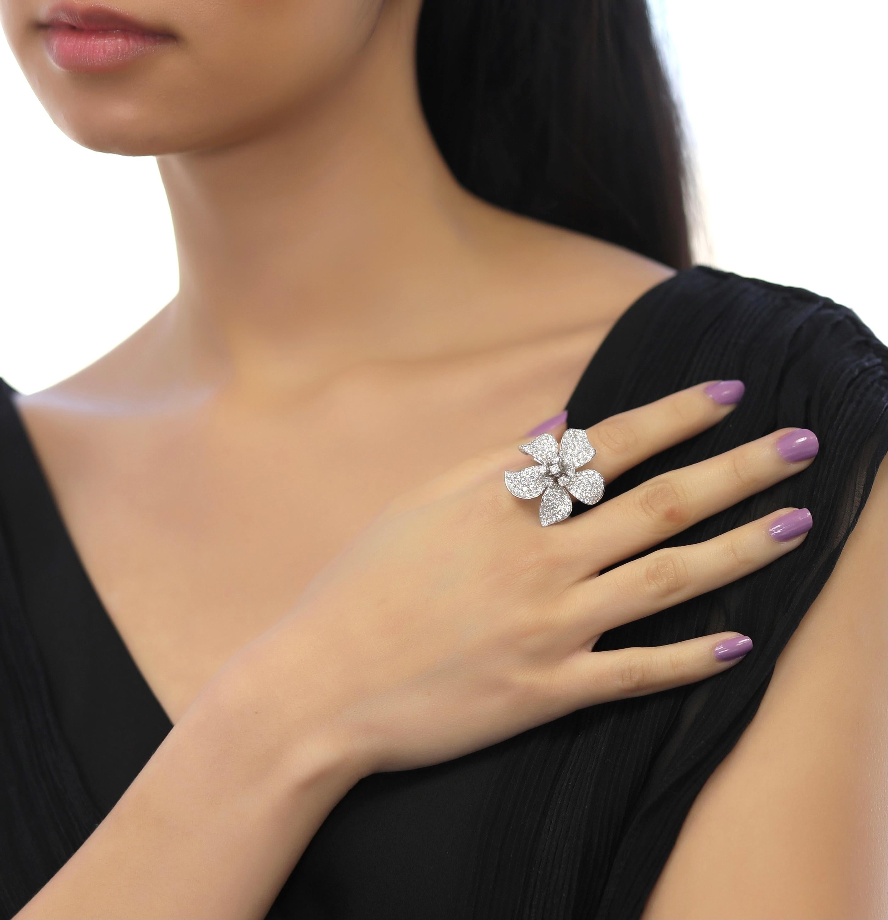 18 Karat White Gold Pave Diamond Medium Flower Ring For Sale 1