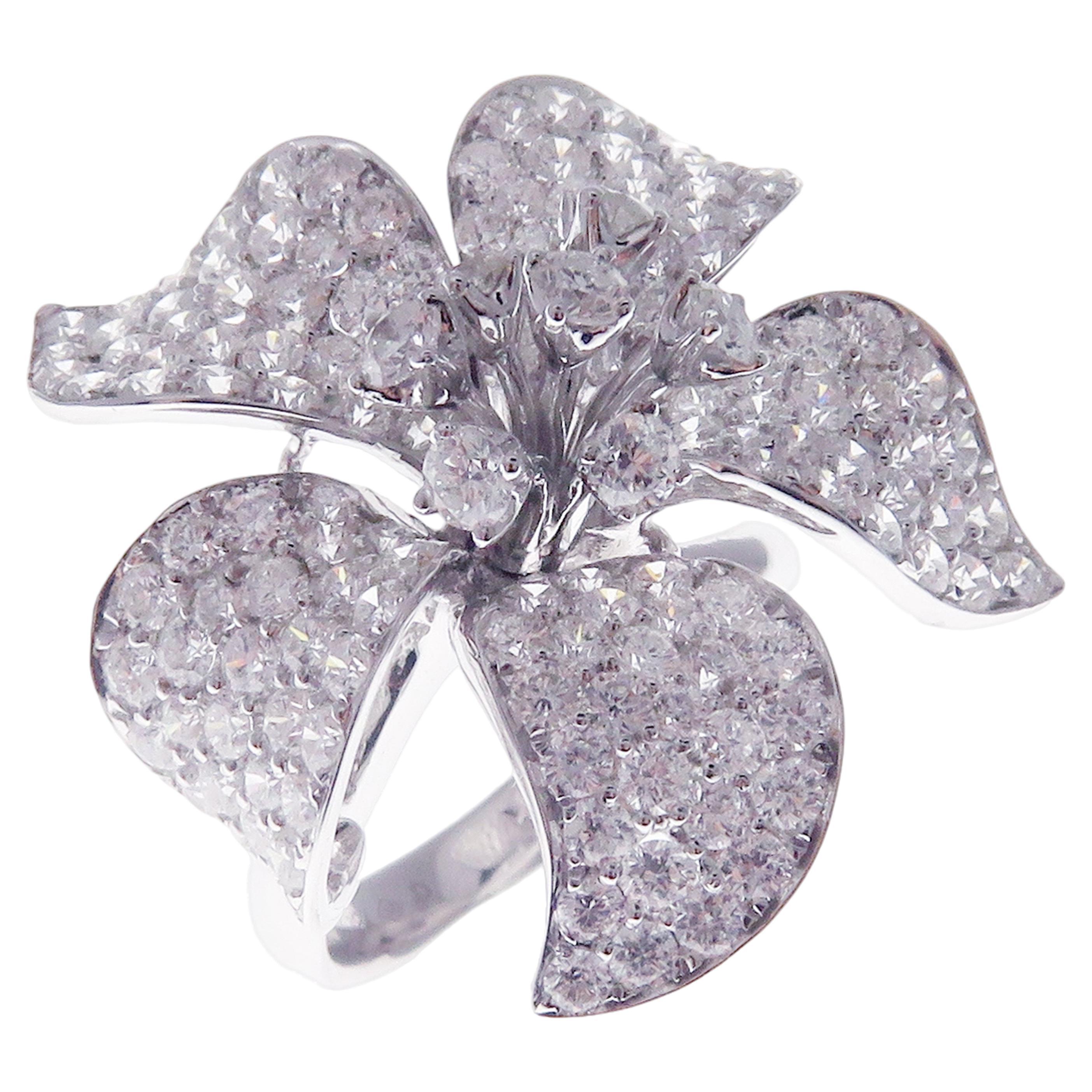 18 Karat White Gold Pave Diamond Medium Flower Ring