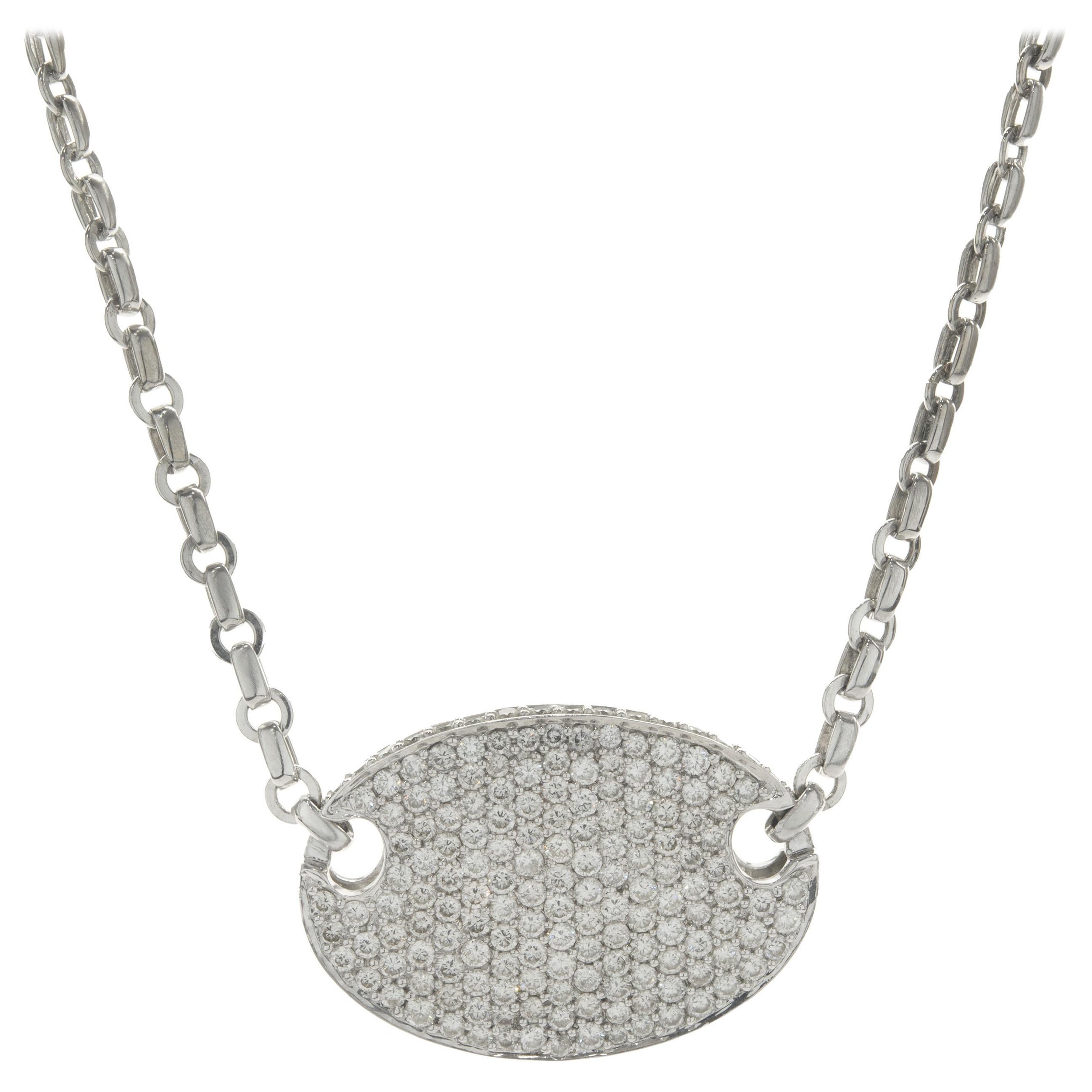 Collar Disco Ovalado Diamante Pave Oro Blanco 18 Kilates