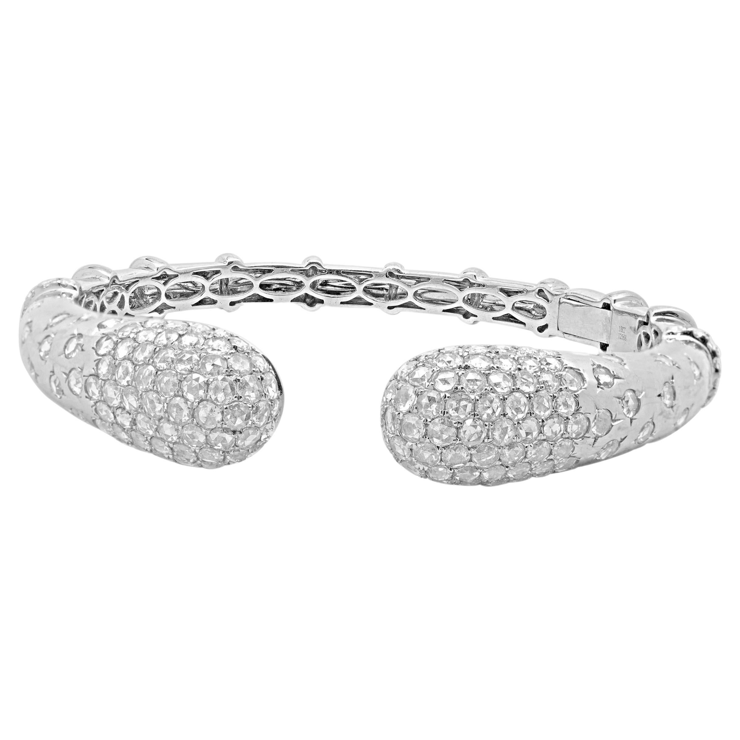 18 Karat White Gold Pave Diamond Rose Cut Cuff Bracelet