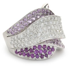 18 Karat White Gold Pave Diamond, Ruby, and Pink Sapphire Wave Ring