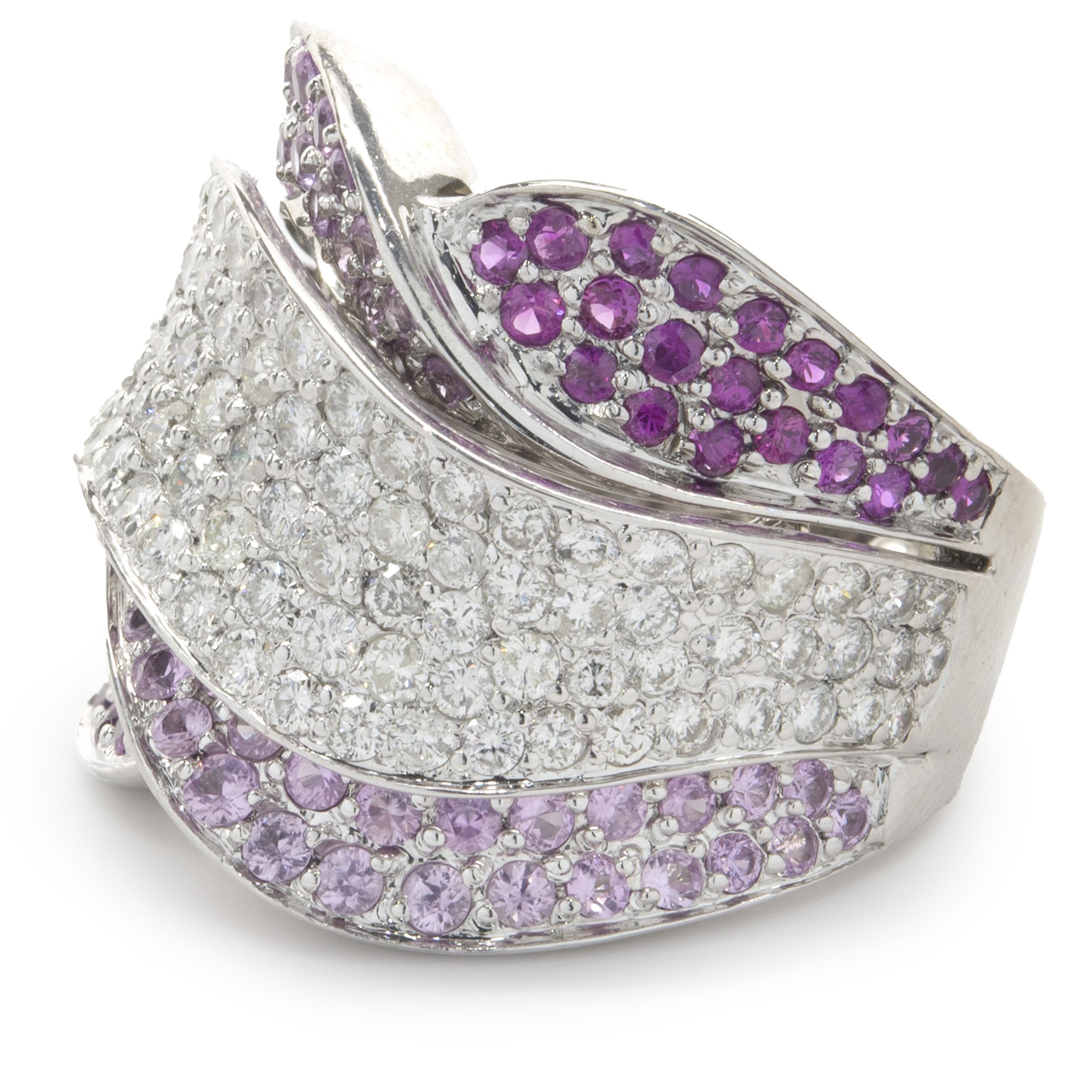 Round Cut 18 Karat White Gold Pave Diamond, Ruby, and Pink Sapphire Wave Ring