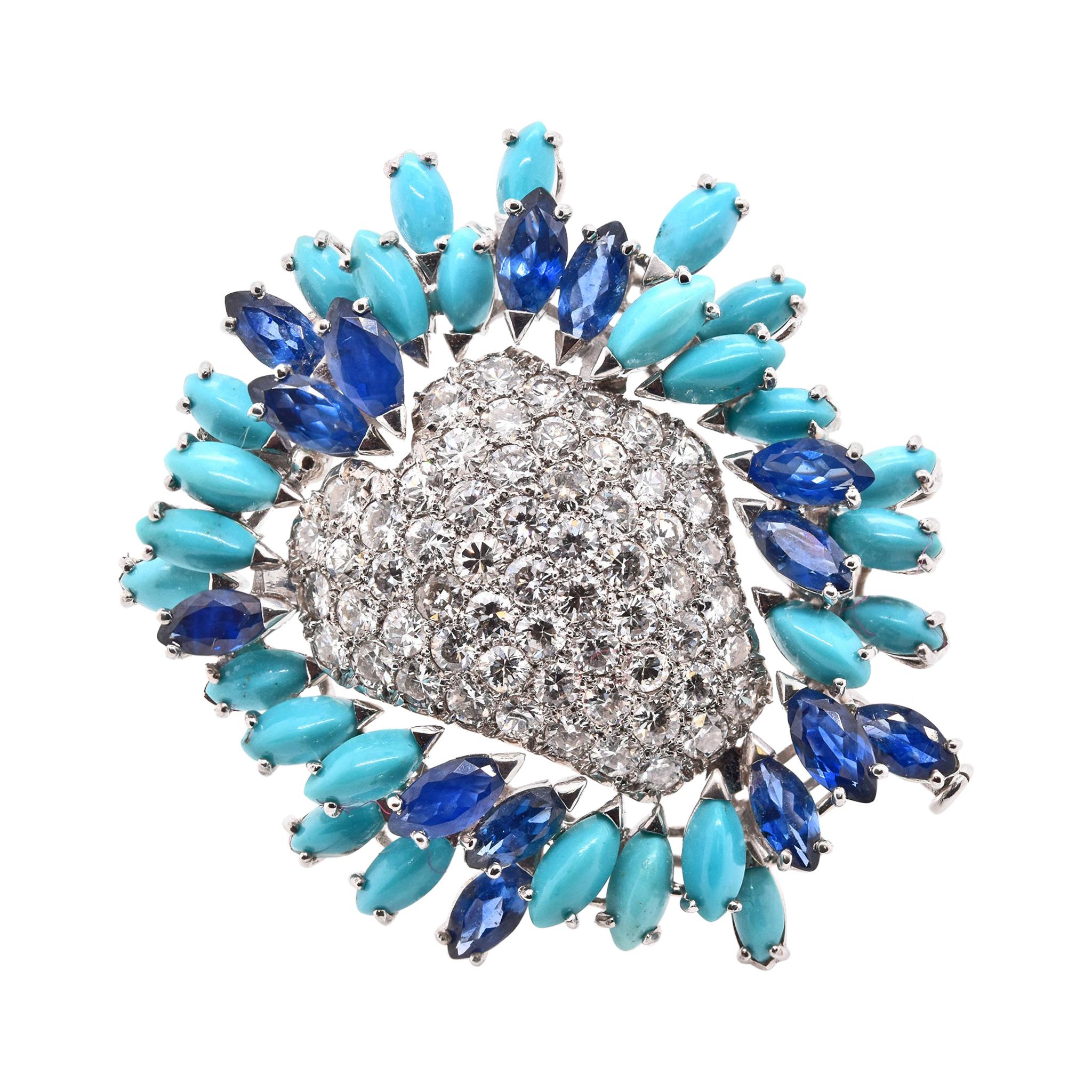 18 Karat White Gold Pave Diamond, Sapphire, and Turquoise Freeform Pin