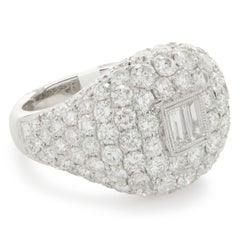 18 Karat White Gold Pave Diamond Signet Ring with Baguette Diamond Center