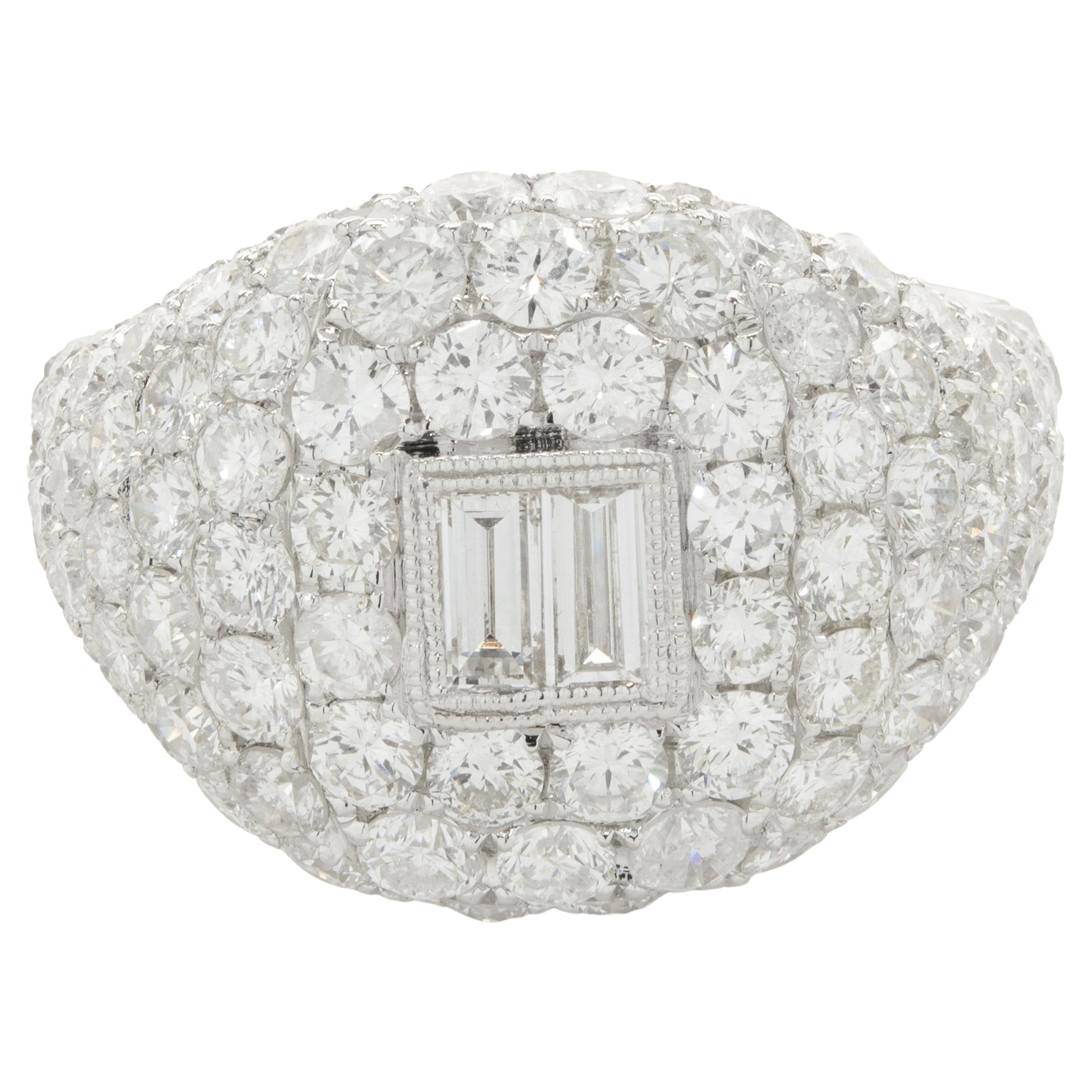 18 Karat White Gold Pave Diamond Signet Ring with Baguette Diamond Center For Sale