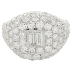 18 Karat White Gold Pave Diamond Signet Ring with Baguette Diamond Center