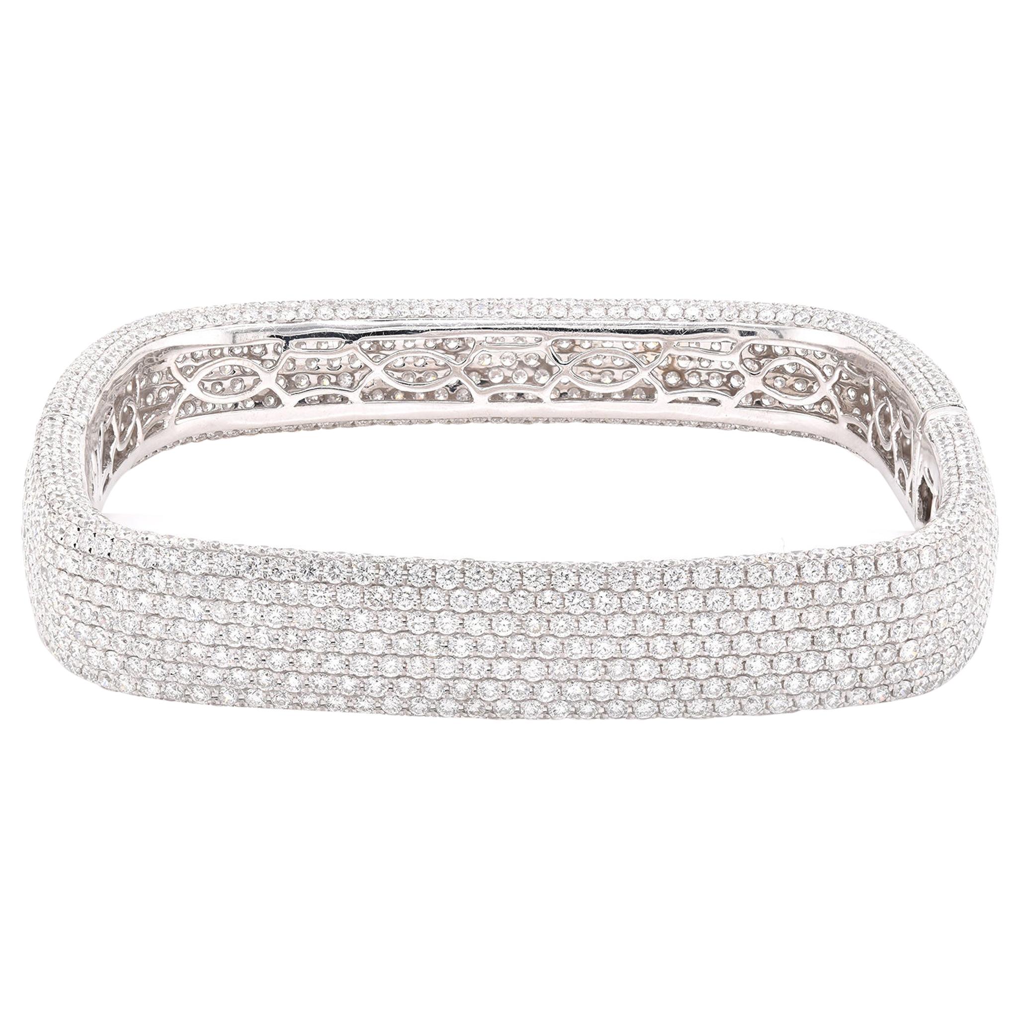 18 Karat White Gold Pave Diamond Square Bangle Bracelet For Sale