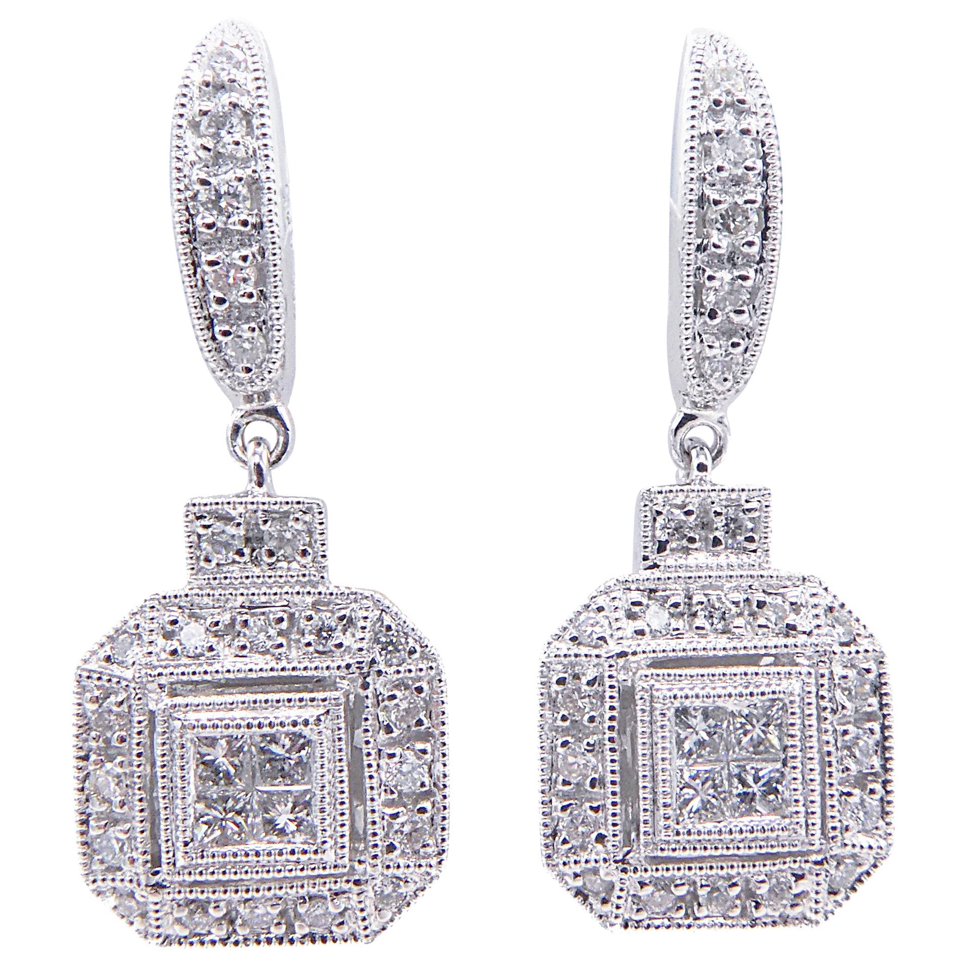 18 Karat White Gold Pave Diamond Square Cluster Drop 0.50 Carat Dangle Earrings
