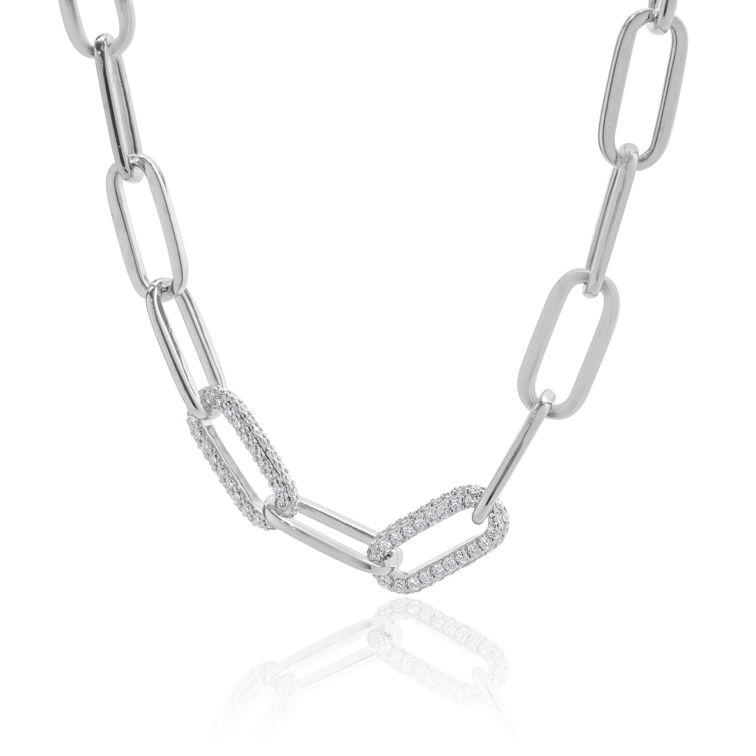 Round Cut 18 Karat White Gold Pave Diamond Station Paperclip Link Necklace For Sale