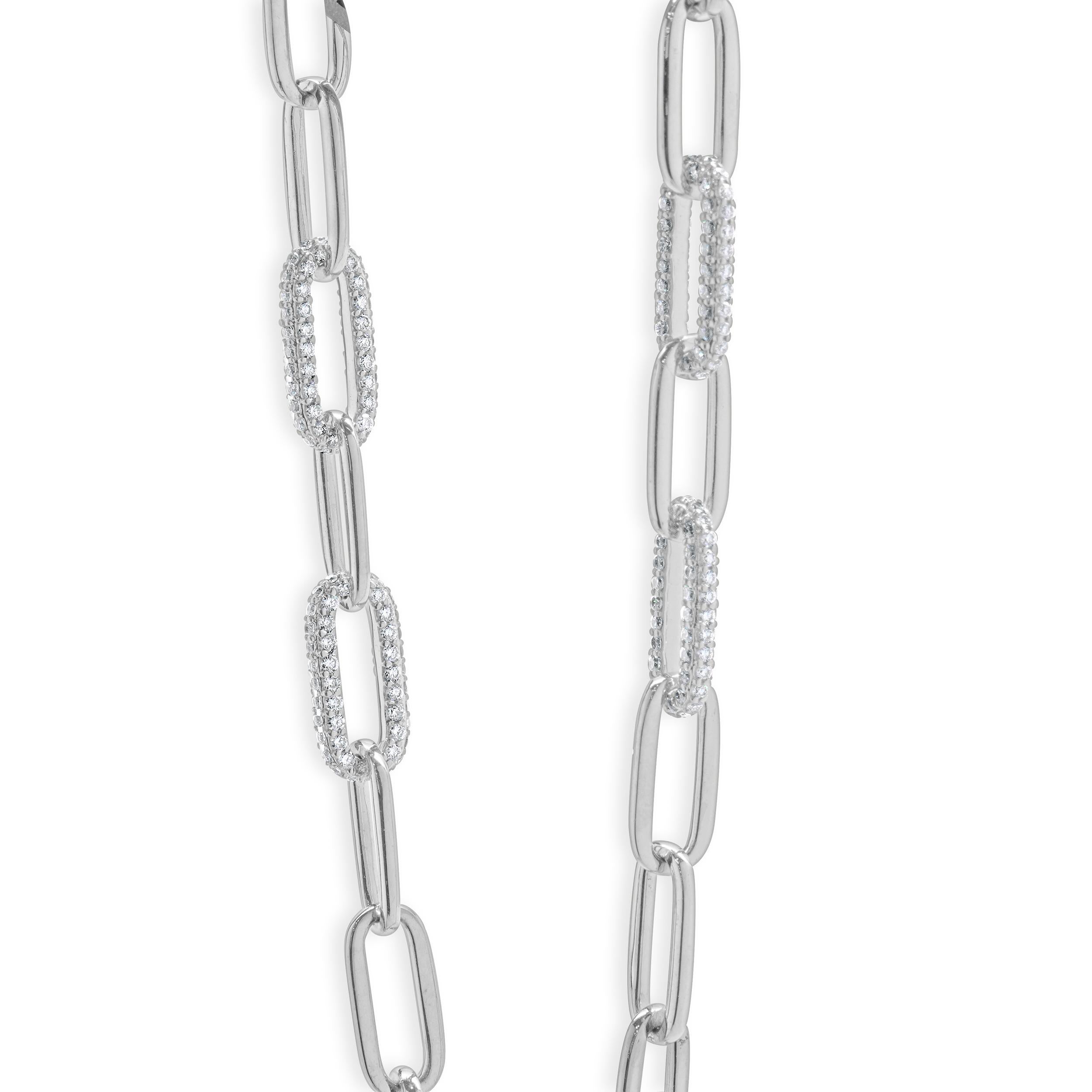18 Karat White Gold Pave Diamond Station Paperclip Link Necklace In Excellent Condition In Scottsdale, AZ