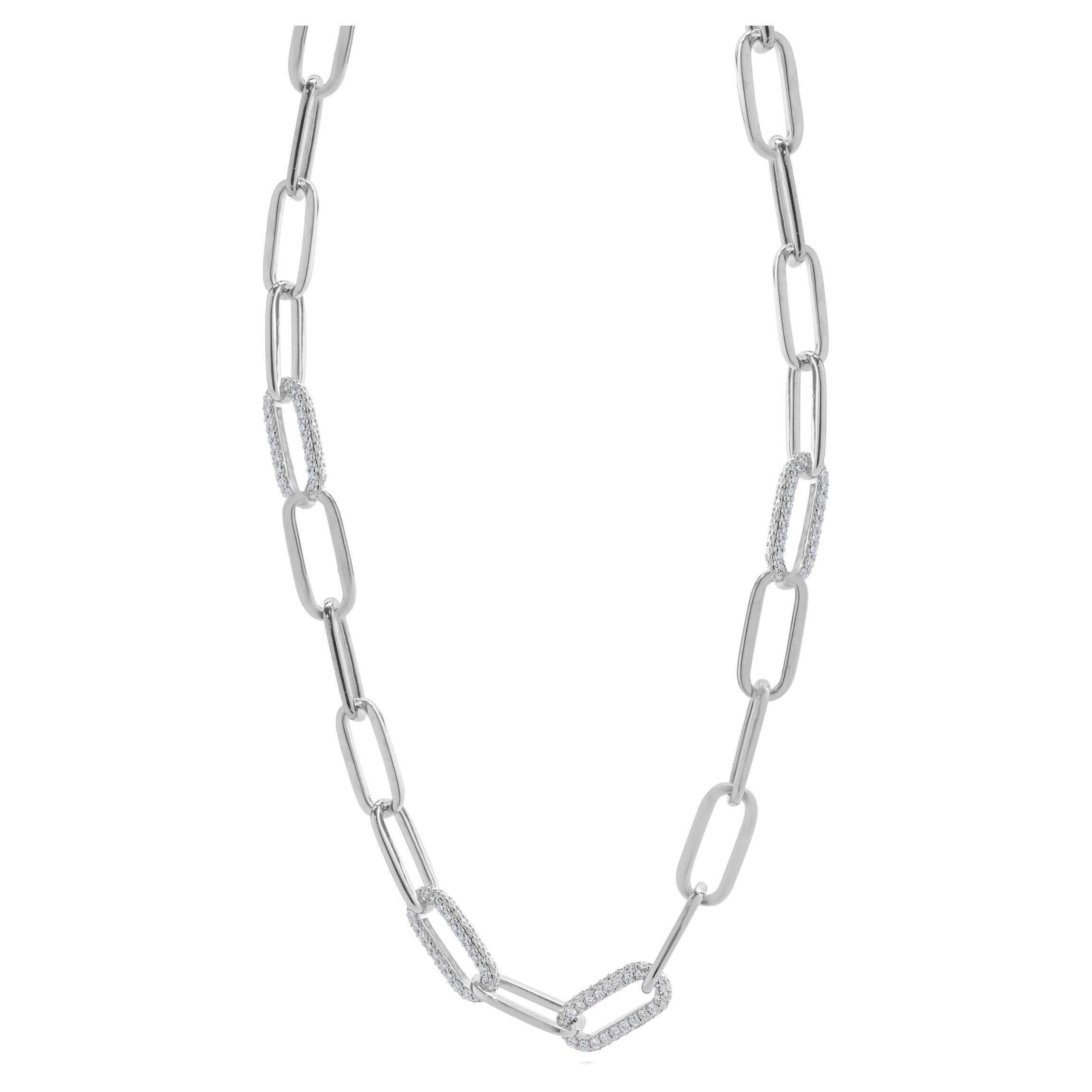 18 Karat White Gold Pave Diamond Station Paperclip Link Necklace For Sale