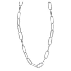 18 Karat White Gold Pave Diamond Station Paperclip Link Necklace