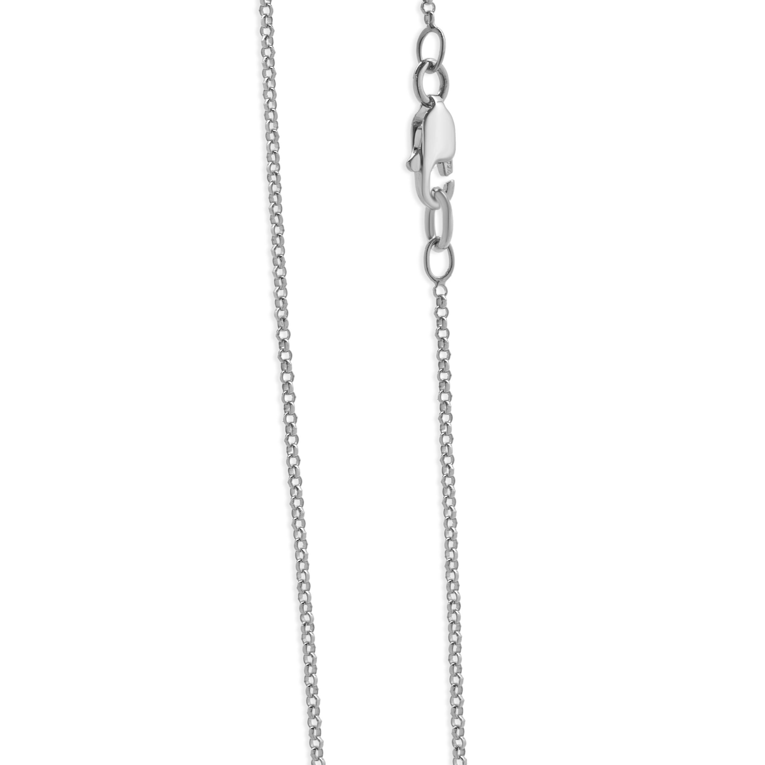 Designer: design personalizzato
Materiale: oro bianco 18 carati
Diamante: 119 taglio rotondo = 0,60cttw
Colore: G
Chiarezza: SI1
Dimensioni: la collana misura 20.25 pollici di lunghezza
Peso: 4,50 grammi
