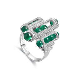 Melody Cocktail Ring 18 Karat White Gold Pave Diamonds Green Chalcedony Beads