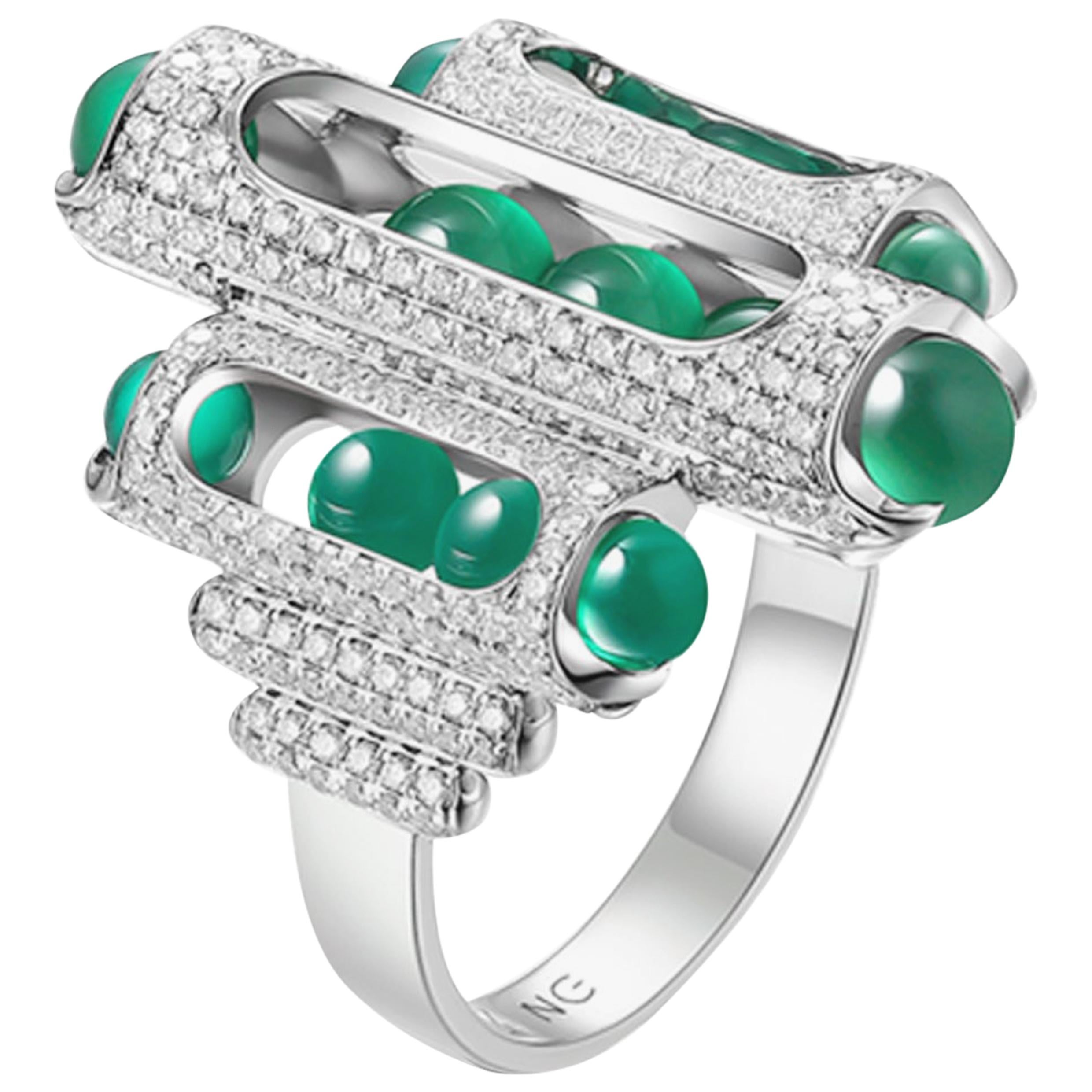 Melody Cocktail Ring 18 Karat White Gold Pave Diamonds Green Chalcedony Beads For Sale