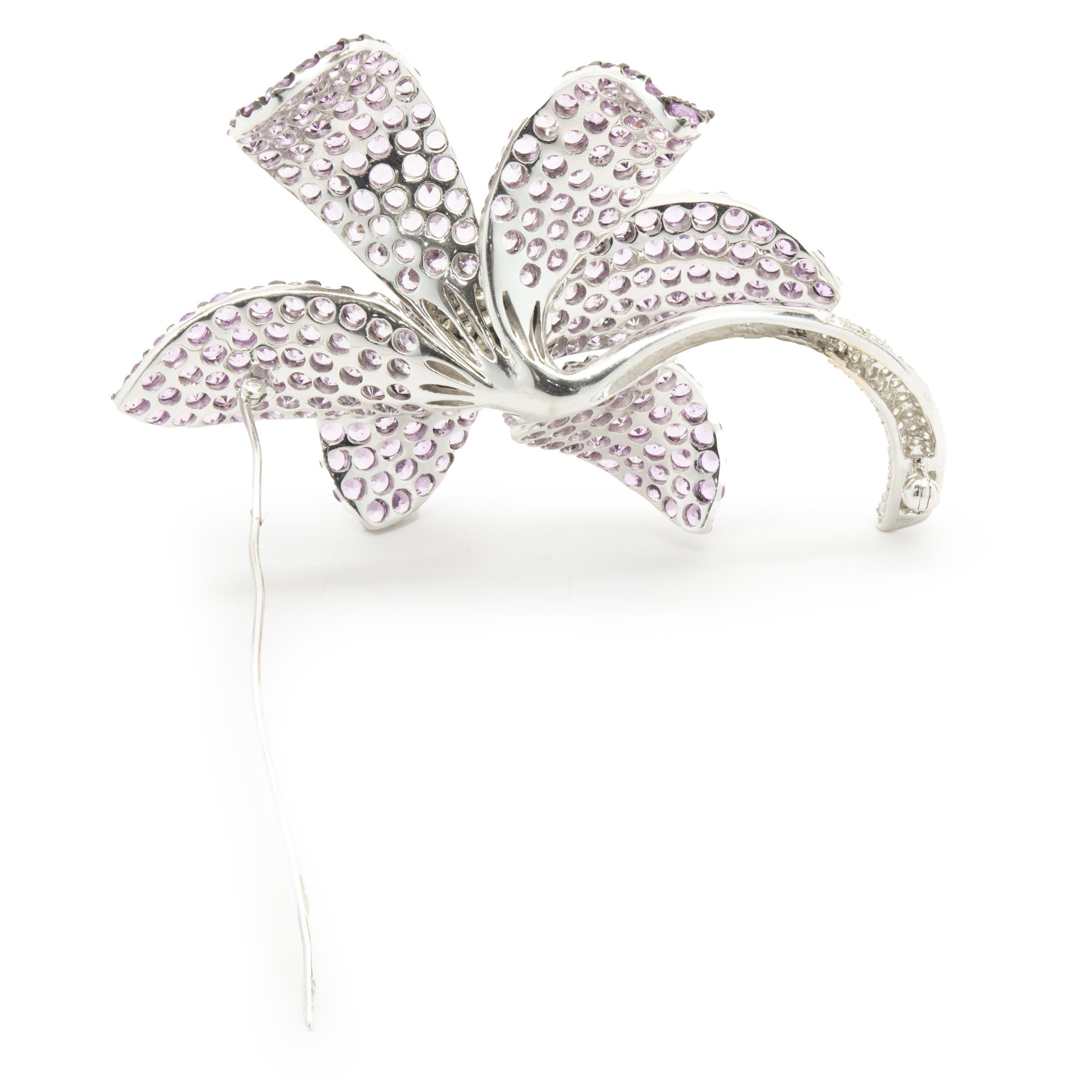 Round Cut 18 Karat White Gold Pave Pink Sapphire and Diamond Flower Pin For Sale