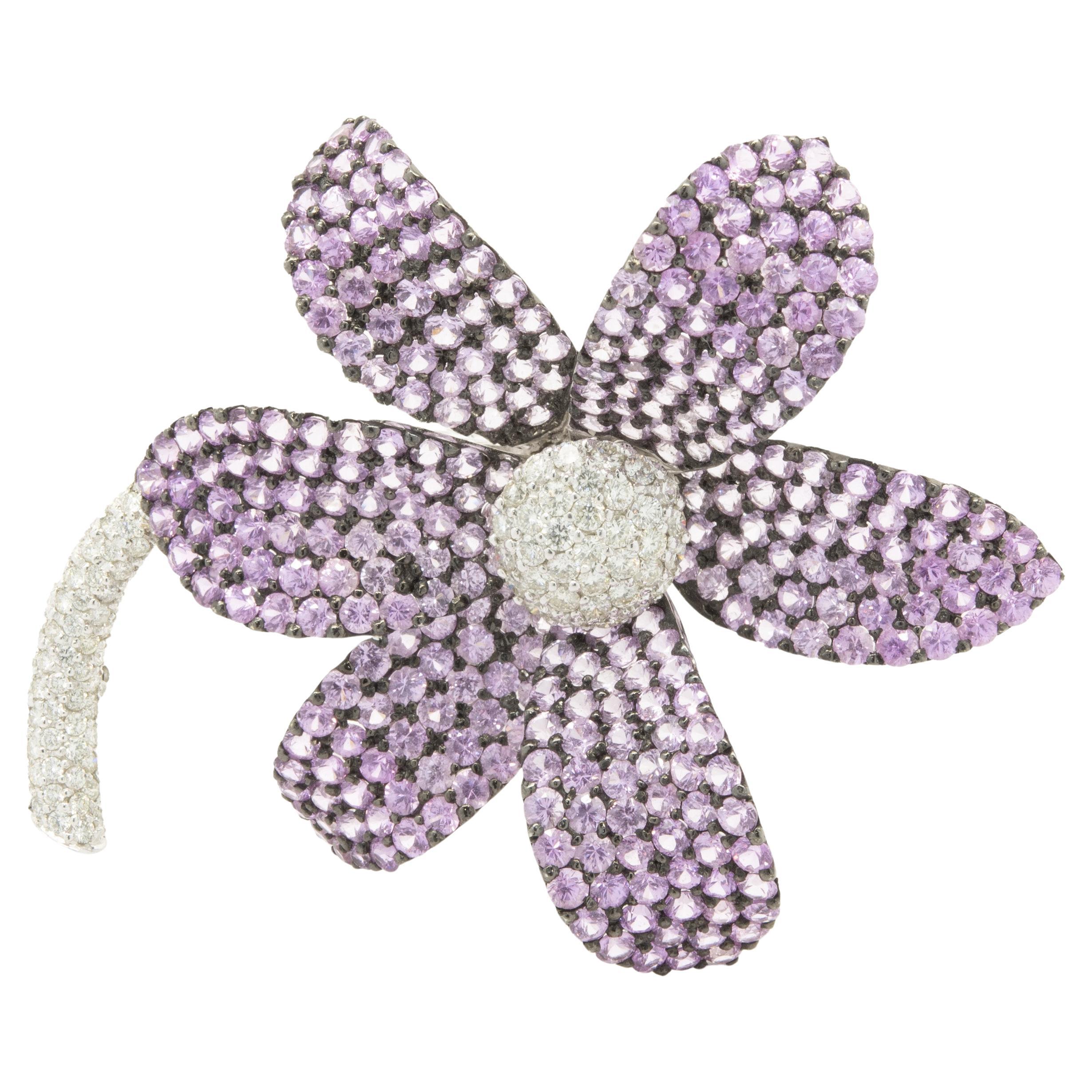 18 Karat White Gold Pave Pink Sapphire and Diamond Flower Pin For Sale