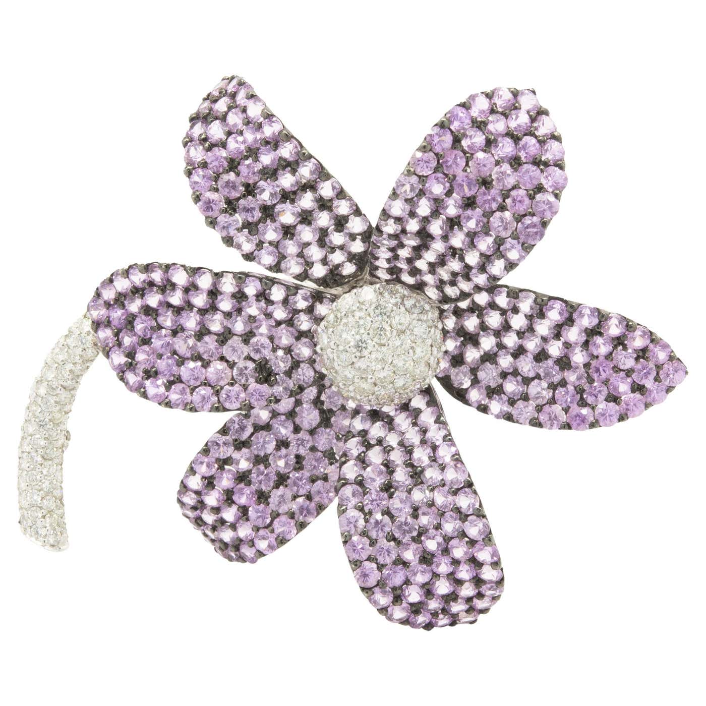 18 Karat White Gold Pave Pink Sapphire and Diamond Flower Pin For Sale ...