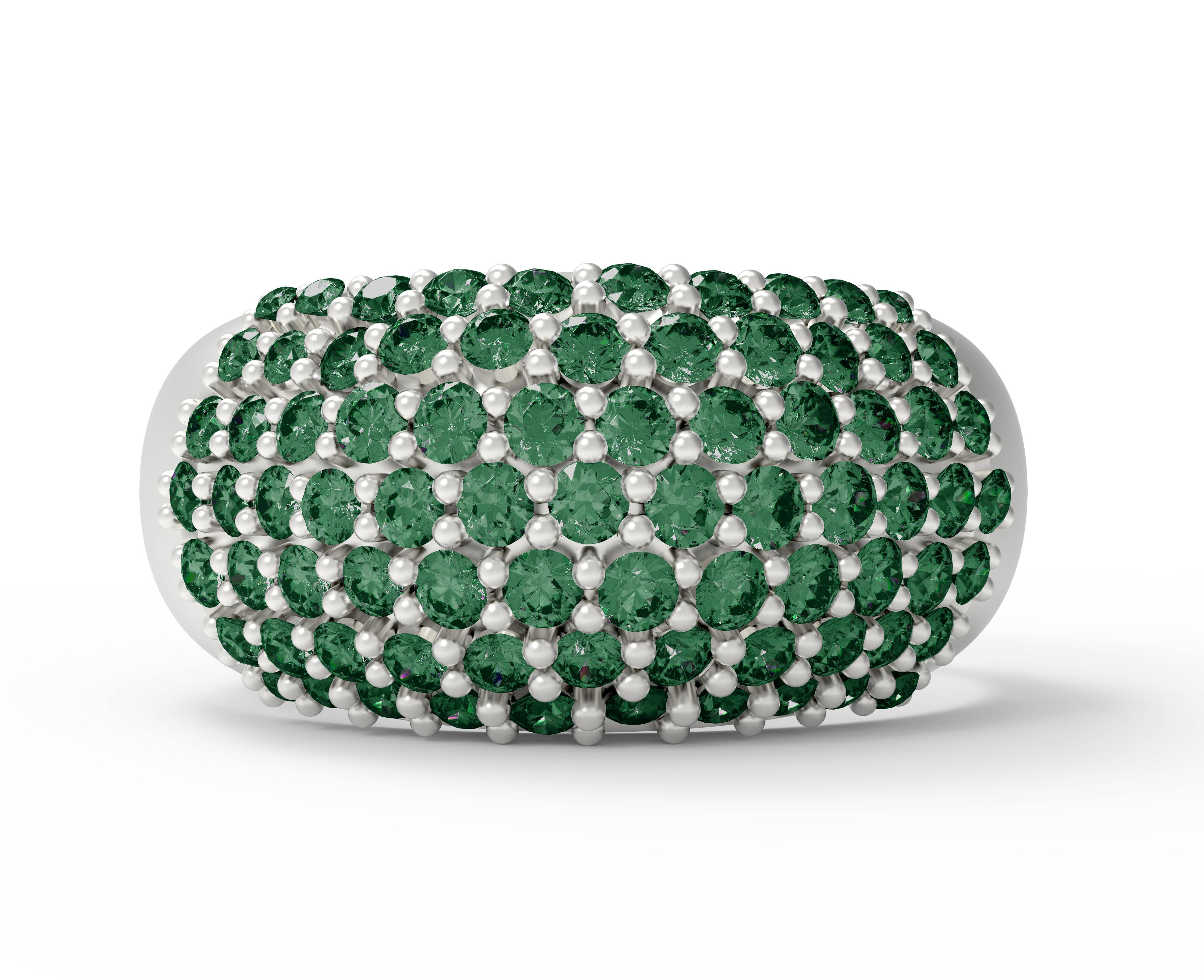 Eighteen Karat White Gold Pave Band Ring with Two Carats Round Emeralds For Sale 1