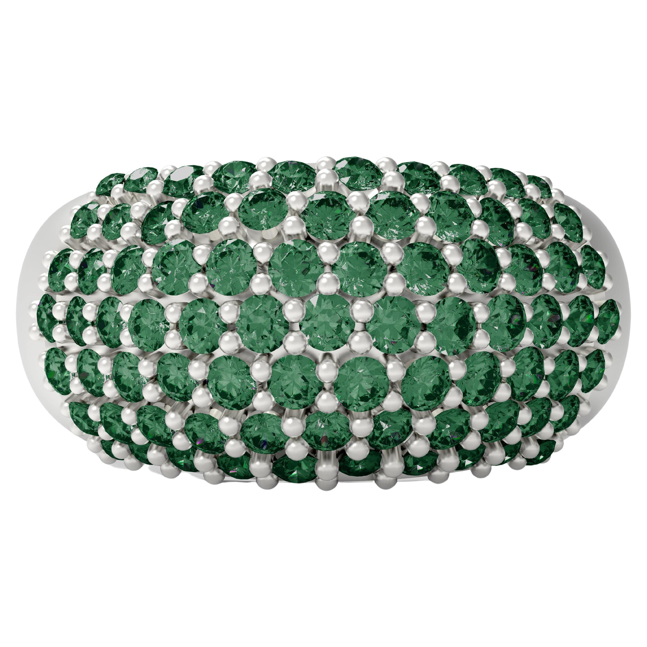 Eighteen Karat White Gold Pave Band Ring with Two Carats Round Emeralds For Sale