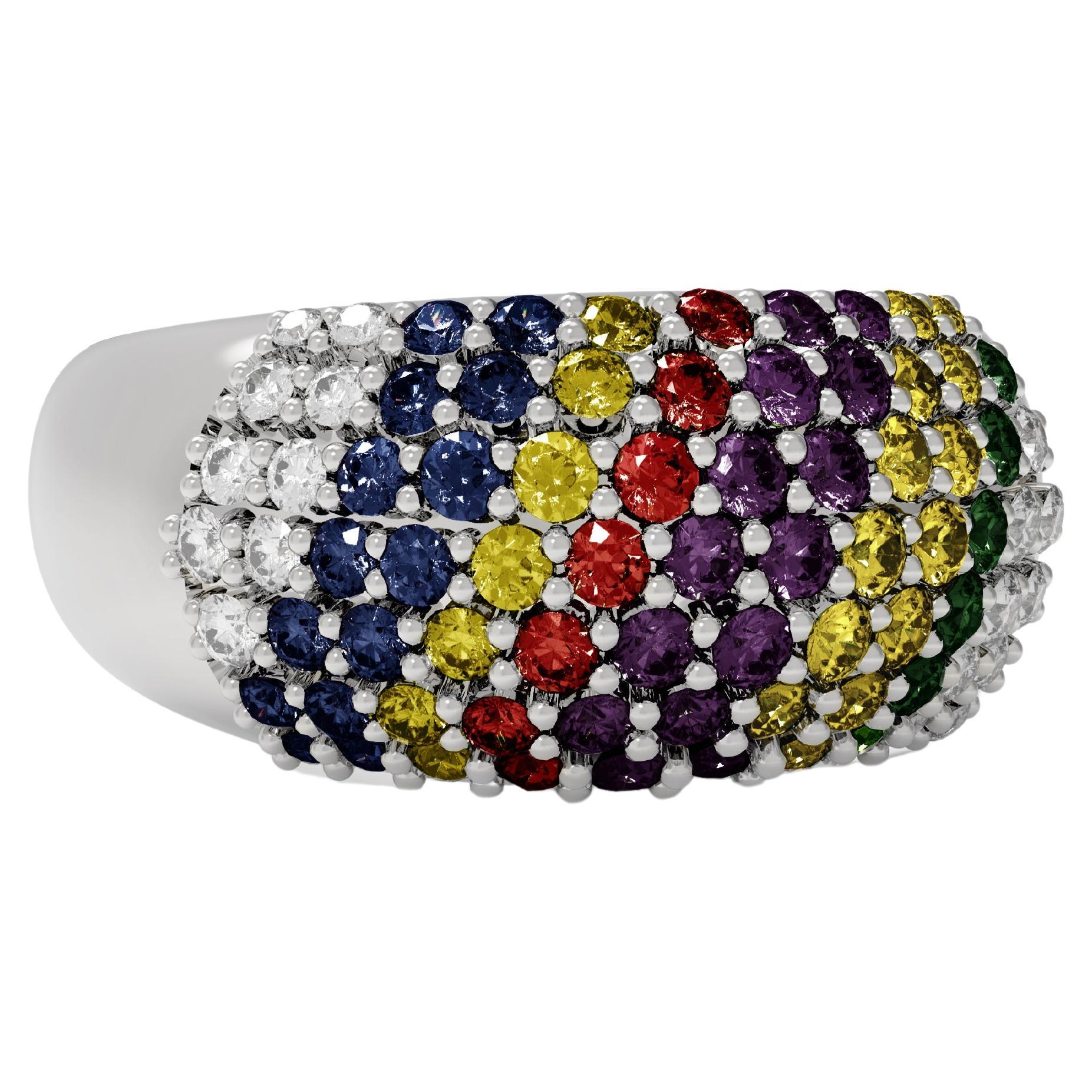 This pave diamonds ring is made of 18 karat white gold with 18 F/G, SI diamonds, 6 emeralds, 13 amethysts, and 42 blue, yellow and red sapphires.
We work with german gems company, that is in the market since 19th century. 
