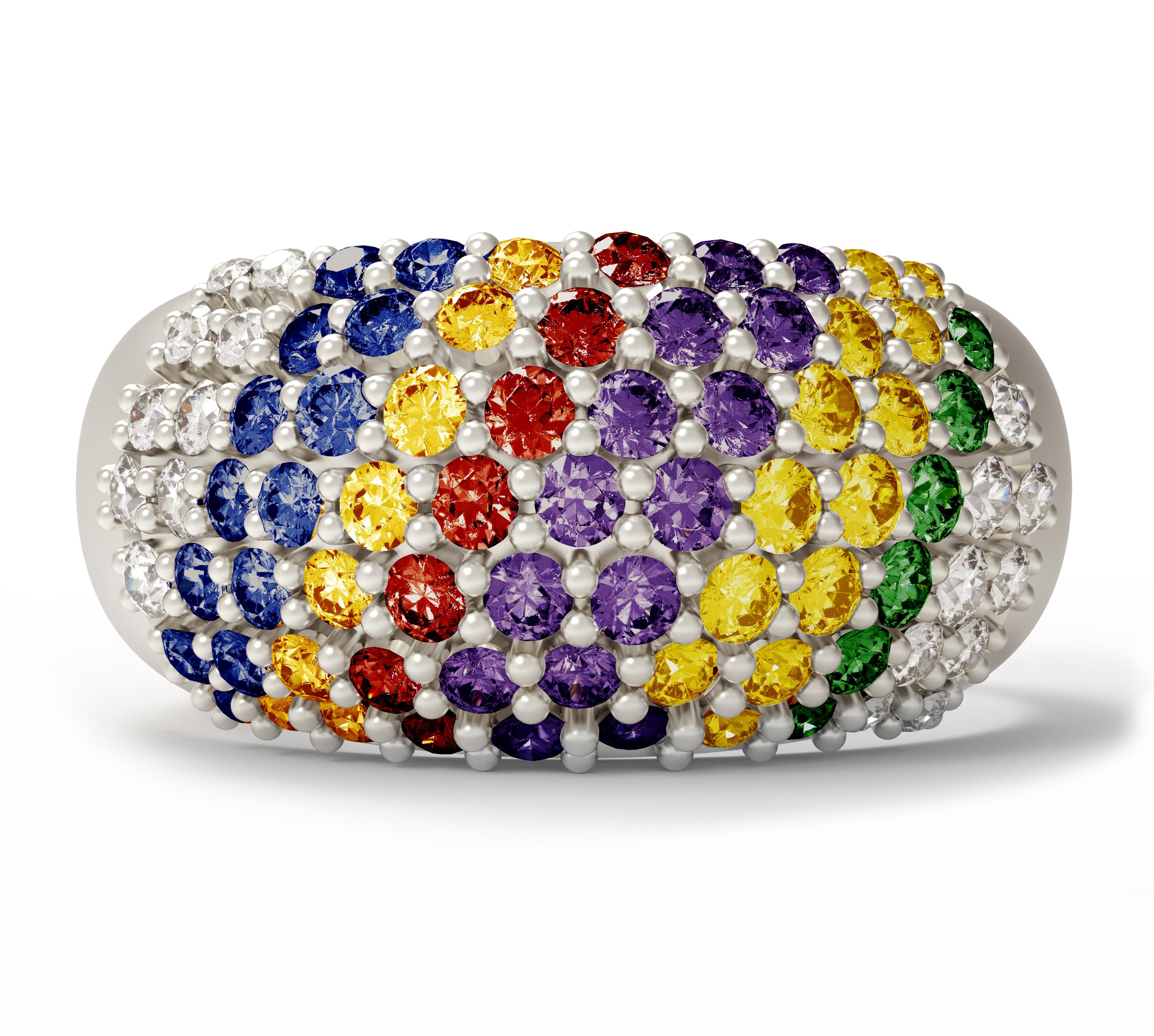 Eighteen Karat White Gold Sapphires Pave Ring with Emeralds and Diamonds In New Condition For Sale In Berlin, DE
