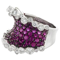 18 Karat White Gold Pave Ruby and Bezel Set Diamond Concave Cigar Band