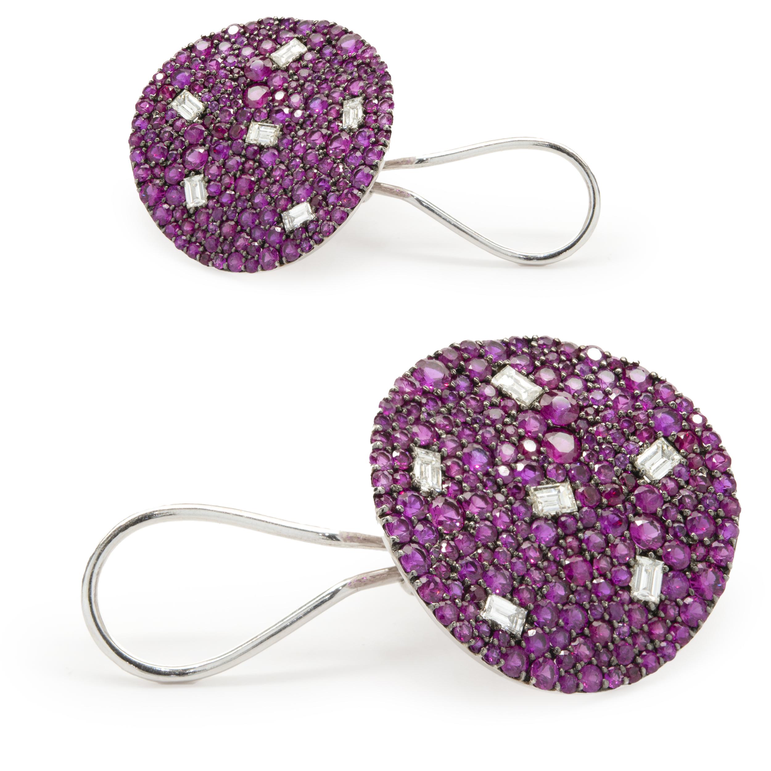 Baguette Cut 18 Karat White Gold Pave Ruby and Diamond Disc Earrings For Sale