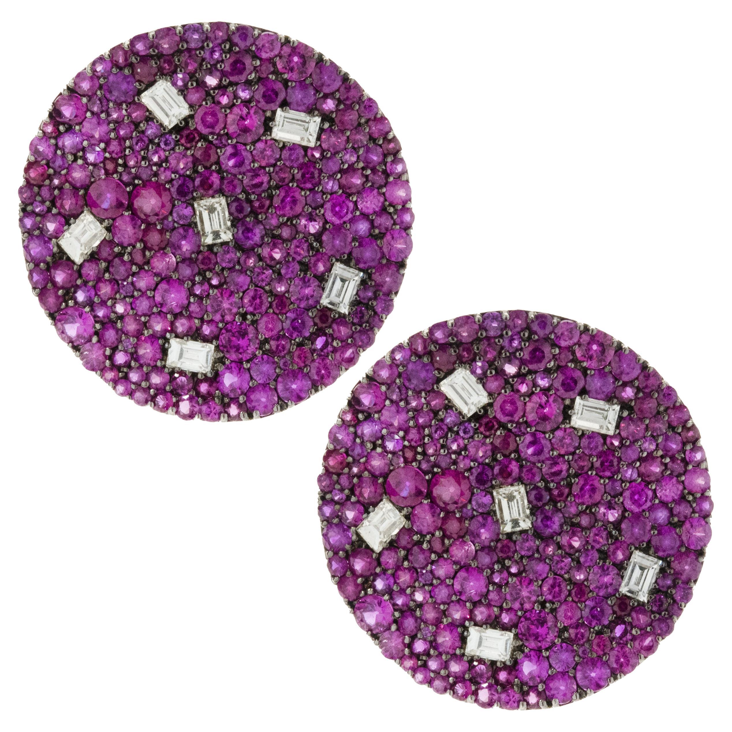 18 Karat White Gold Pave Ruby and Diamond Disc Earrings For Sale