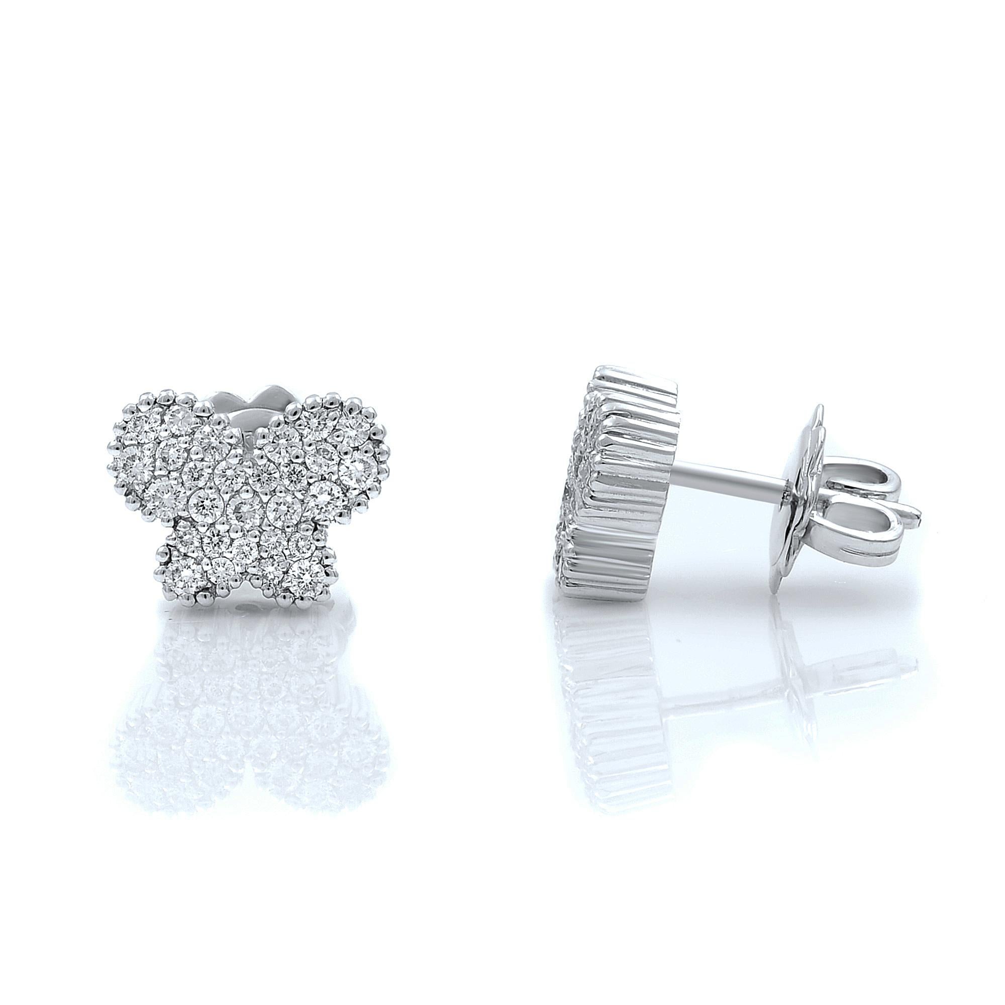 Beautiful modern 18k white gold, butterflies diamond stud earrings with butterfly clasp. Shiny finish. Total carat weight: 0.48cts of round cut diamonds. These brilliantly winged butterfly diamond earrings sure to make your heart flutter.