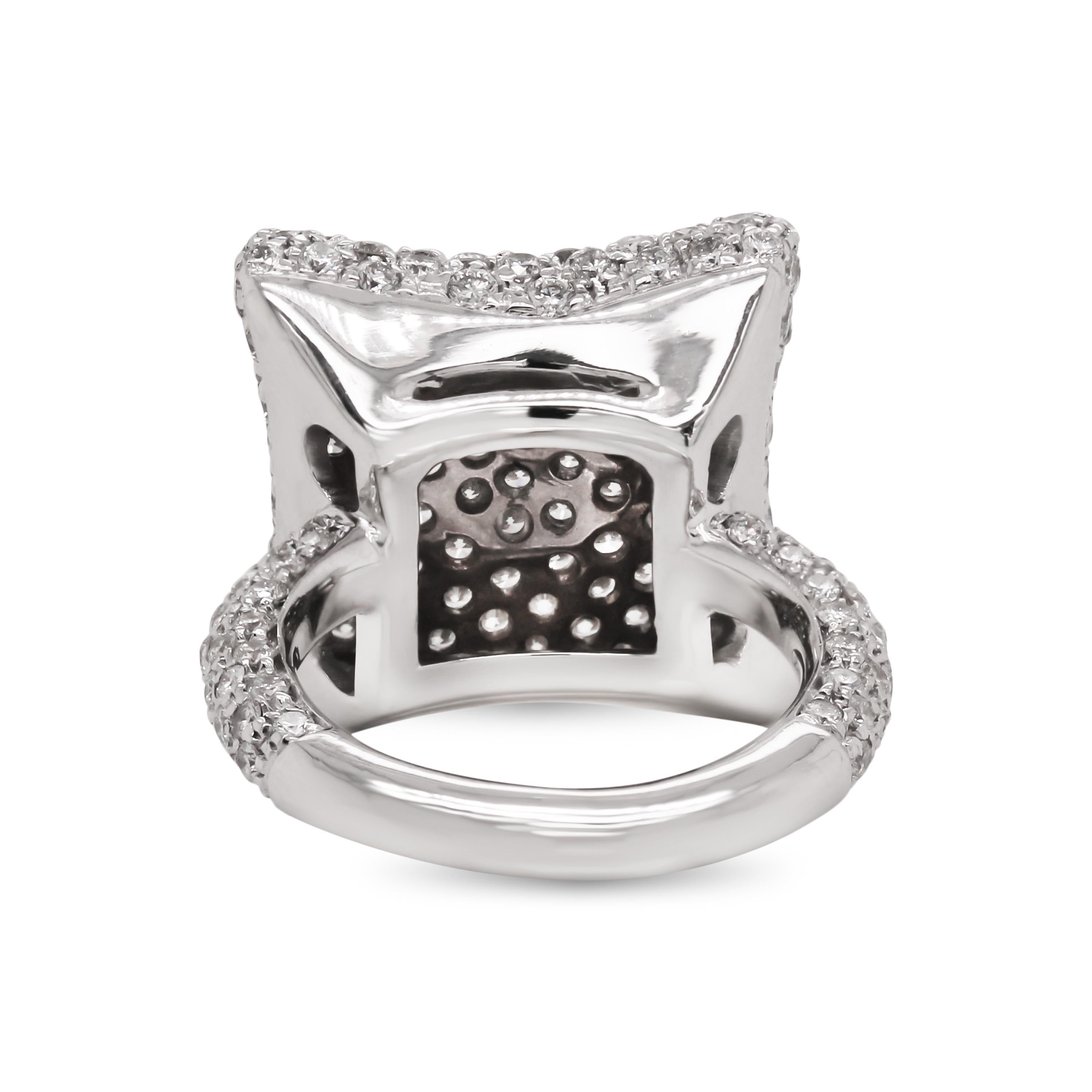 Contemporary 18 Karat White Gold Pavé Set Diamond Square Face Cocktail Ring For Sale