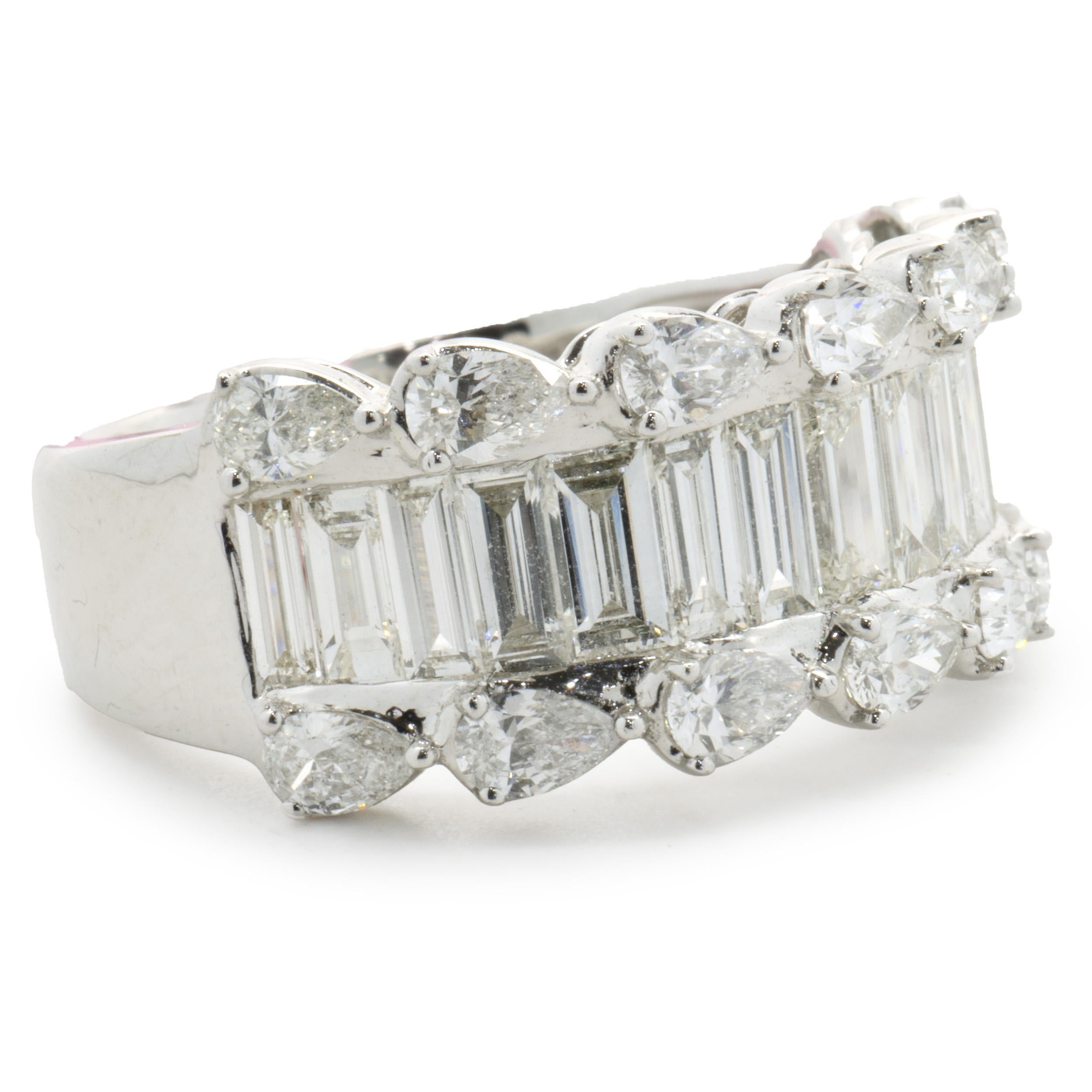 18 Karat White Gold Pear and Baguette Cut Diamond Three Row Band In Excellent Condition For Sale In Scottsdale, AZ
