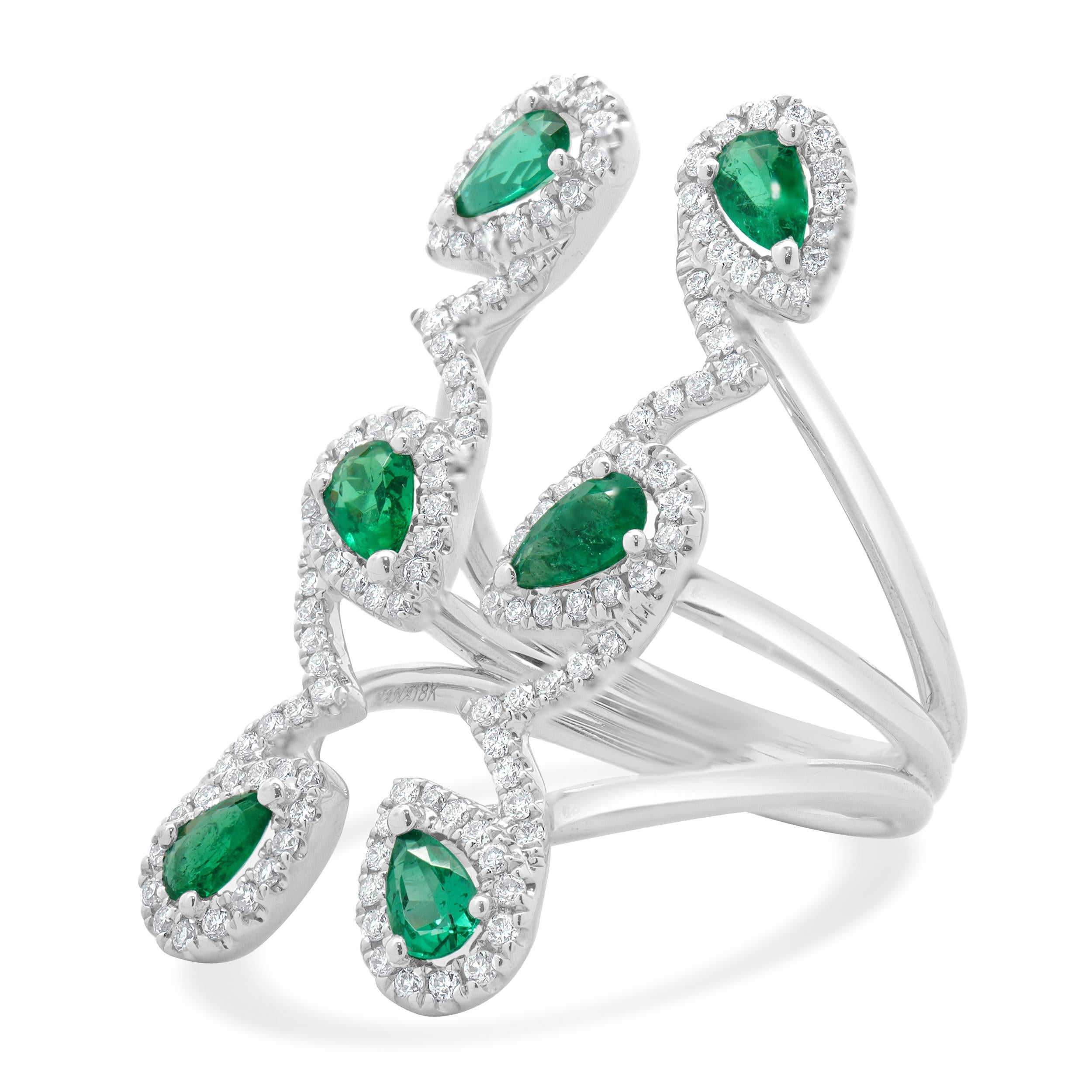 Designer: custom
Material: 18K white gold
Diamonds: 124 round brilliant cut = 0.46cttw
Color: G
Clarity: VS1-2
Emerald: 6 pear cut = 0.74cttw
Dimensions: ring top measures 19mm wide
Ring Size: 6.5 (complimentary sizing available)
Weight: 7.12 grams