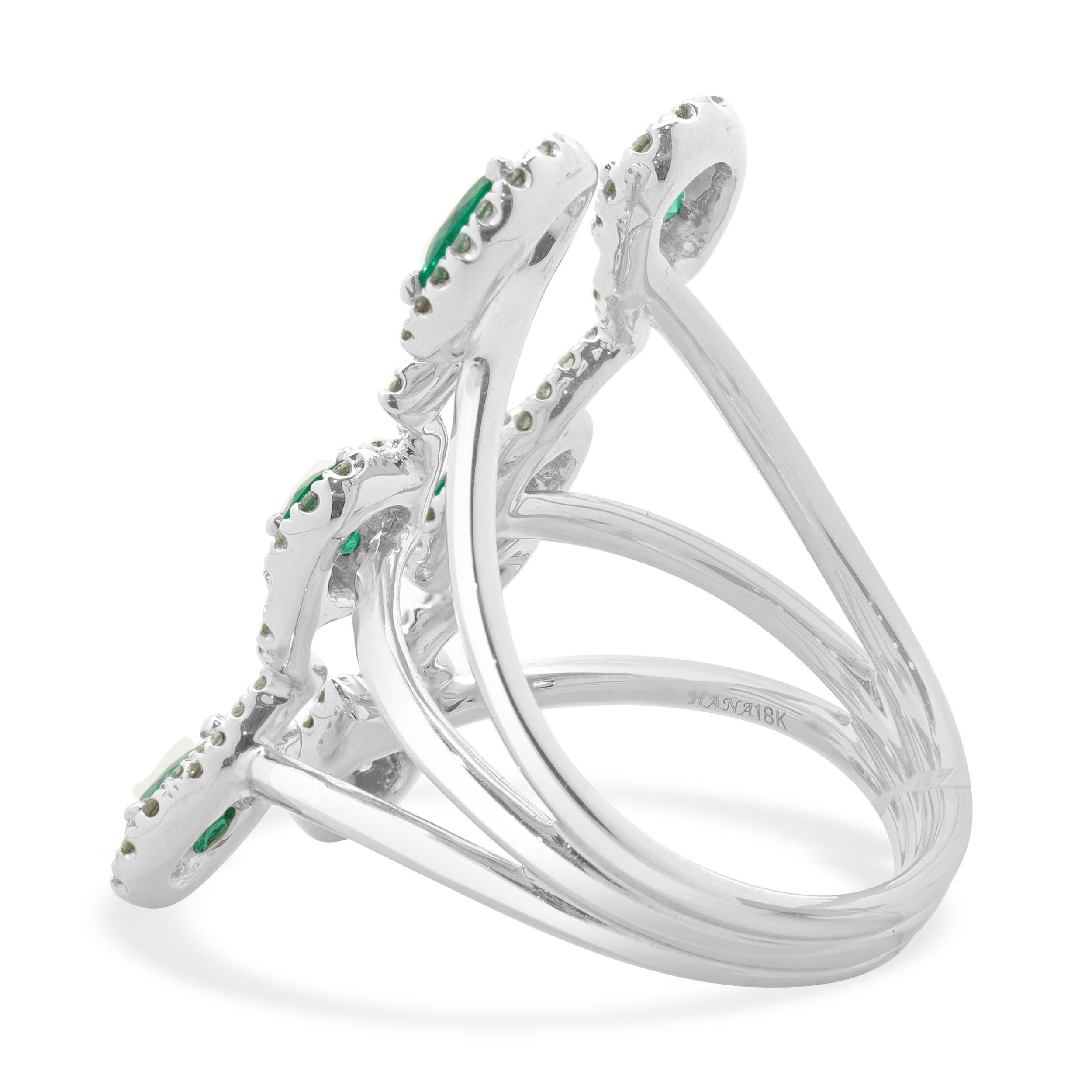 18 Karat White Gold Pear Cut Emerald & Diamond Full Finger Parallel Zig Zag Ring In Excellent Condition For Sale In Scottsdale, AZ